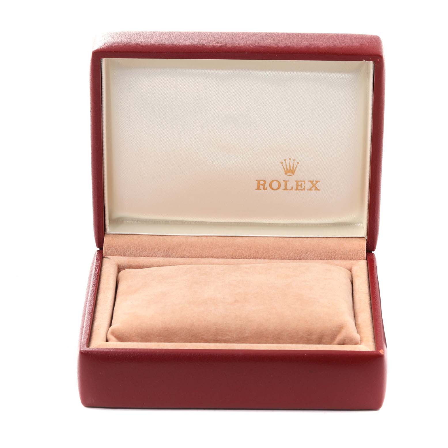 This image shows an open Rolex Datejust 69173 Women's Steel and Gold (two tone) Champagne Dial 69173 Women's Steel and Gold (two tone) Champagne Dial watch case with a red exterior and beige interior.