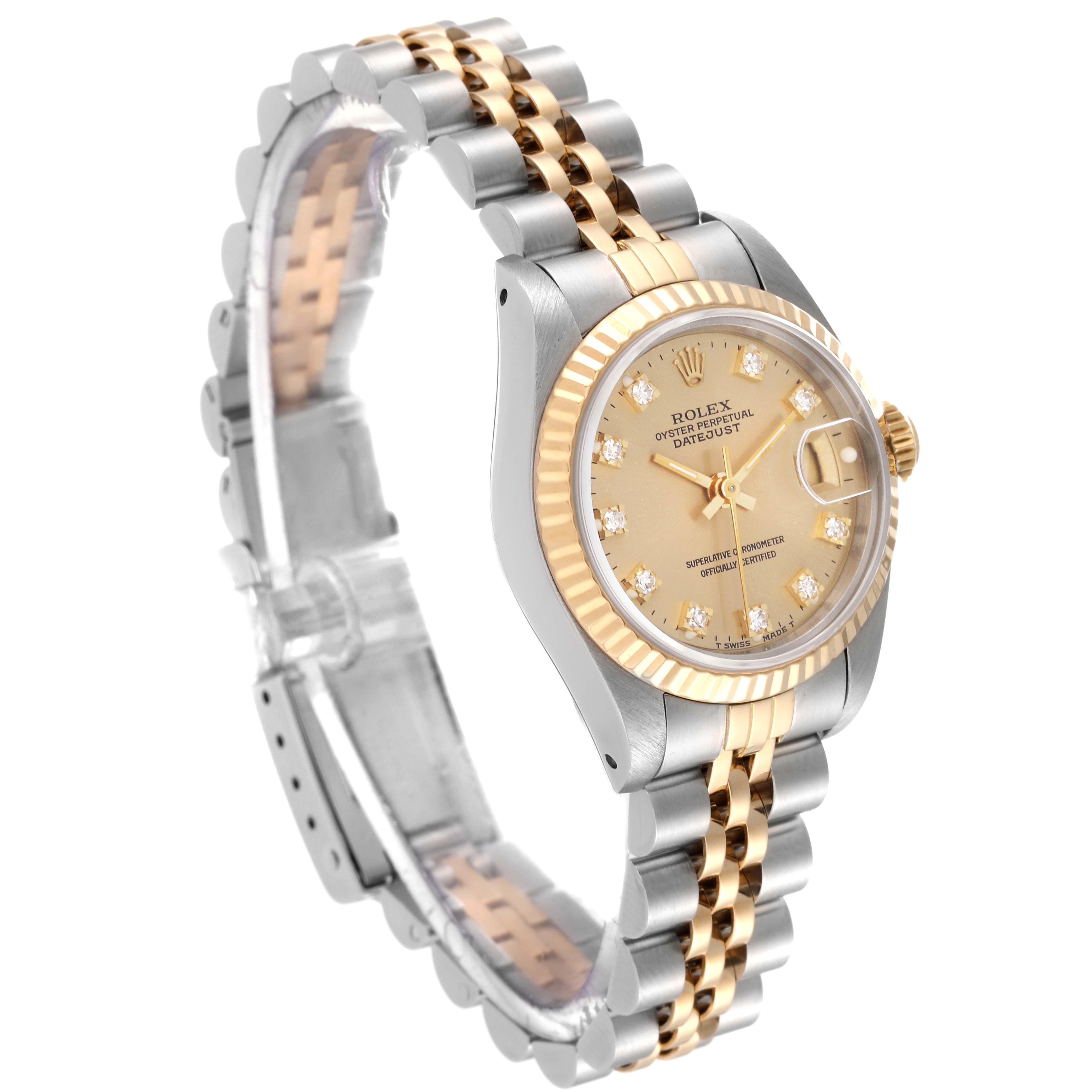 This image shows a side-angle view of the Rolex Datejust 69173 Women's Steel and Gold (two tone) Champagne Dial 69173 Women's Steel and Gold (two tone) Champagne Dial watch, highlighting the gold dial, bezel, and two-tone bracelet.