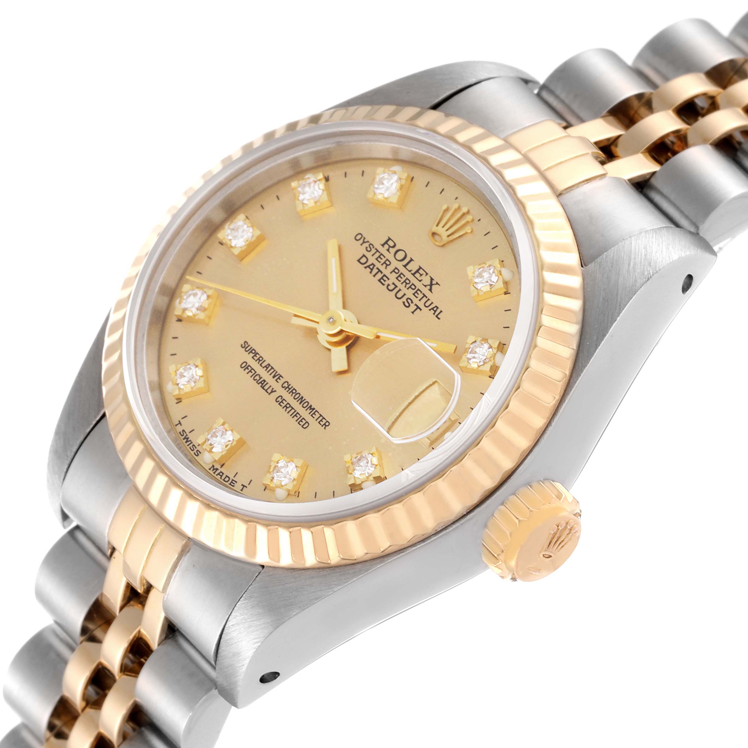 The image shows a close-up, angled view of a Rolex Datejust 69173 Women's Steel and Gold (two tone) Champagne Dial 69173 Women's Steel and Gold (two tone) Champagne Dial watch, highlighting the dial, bezel, crown, and part of the bracelet.