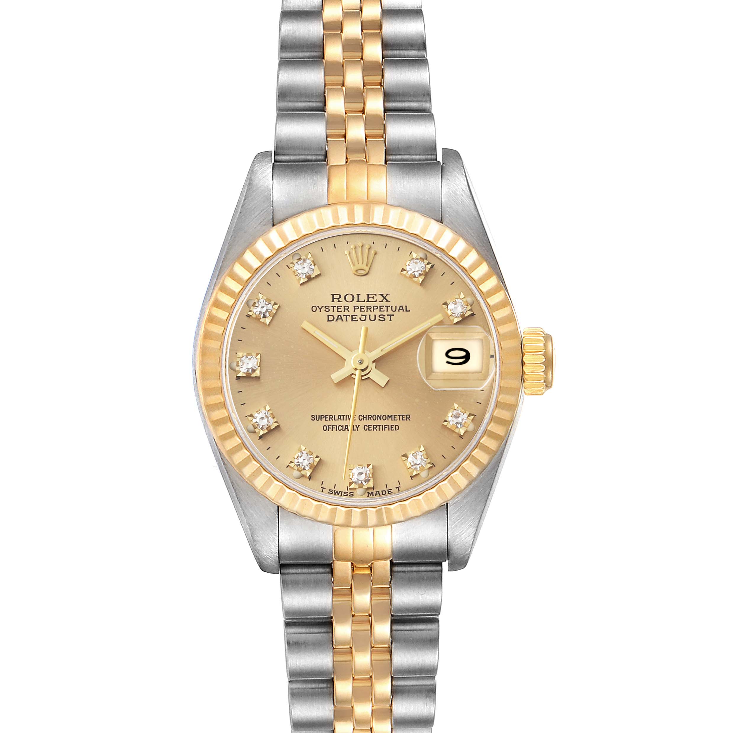 This image shows a front view of the Rolex Datejust 69173 Women's Steel and Gold (two tone) Champagne Dial 69173 Women's Steel and Gold (two tone) Champagne Dial watch, displaying its dial, bezel, and bracelet.