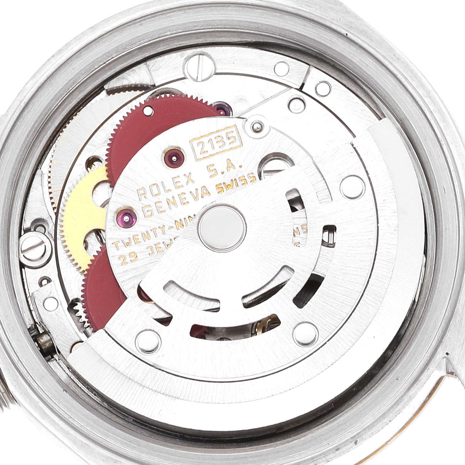 The image shows the internal mechanical movement of a Rolex Datejust 69173 Women's Steel and Gold (two tone) Champagne Dial 69173 Women's Steel and Gold (two tone) Champagne Dial watch at a close-up angle.
