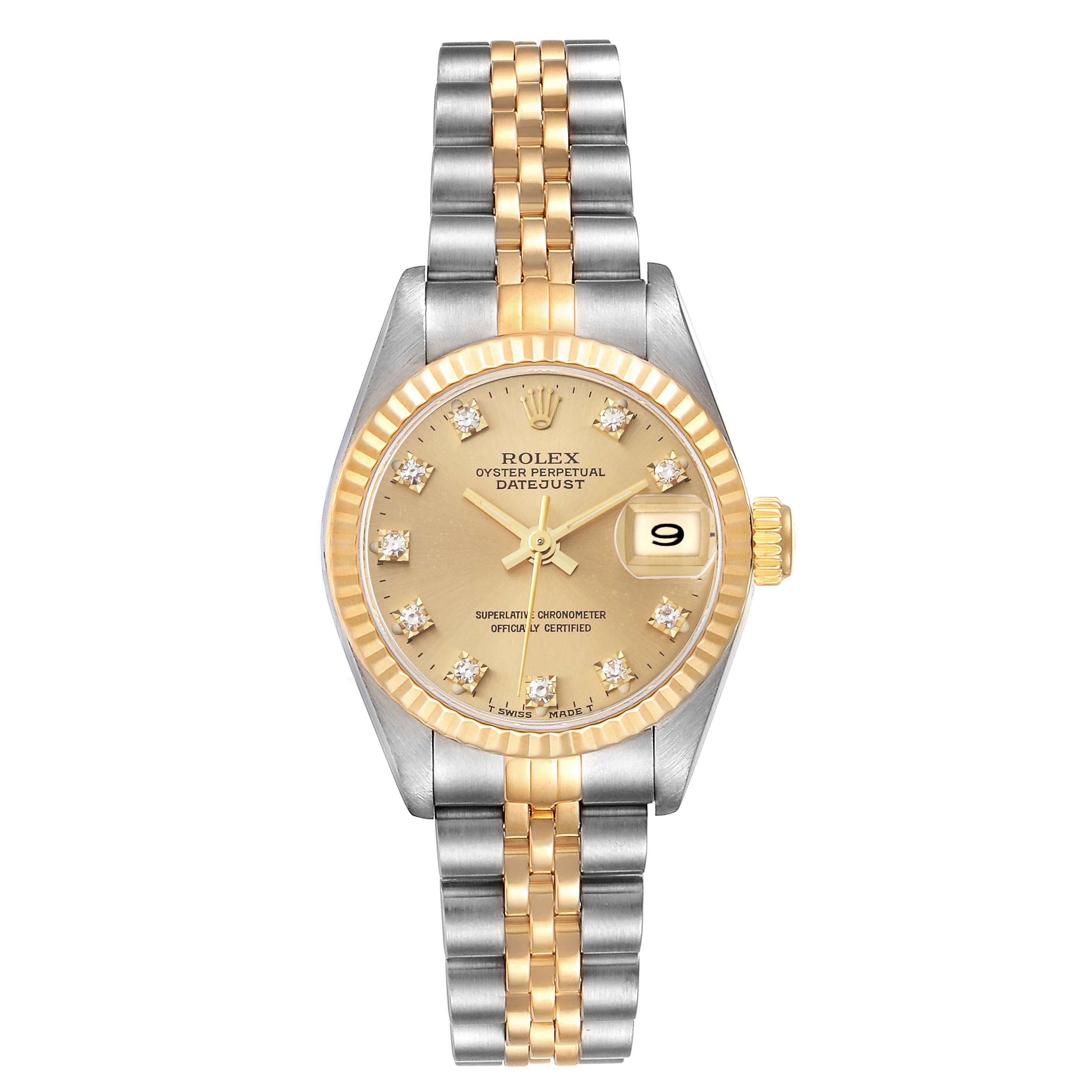The image shows a Rolex Datejust 69173 Women's Steel and Gold (two tone) Champagne Dial 69173 Women's Steel and Gold (two tone) Champagne Dial watch, viewed from the front, displaying the face, bezel, and bracelet.