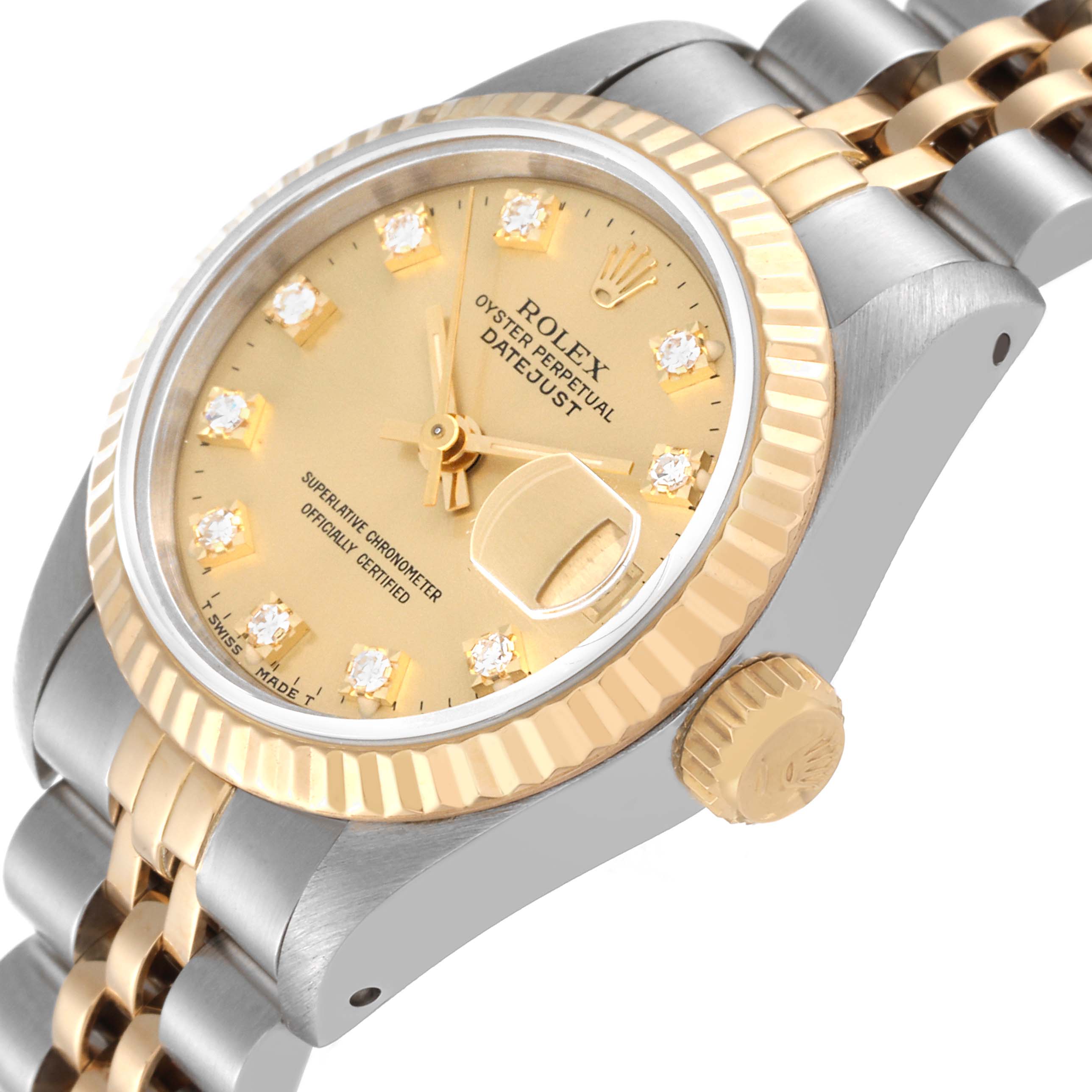 This image shows a close-up angle of a Rolex Datejust 69173 Women's Steel and Gold (two tone) Champagne Dial 69173 Women's Steel and Gold (two tone) Champagne Dial watch focusing on the dial, bezel, crown, and part of the bracelet.