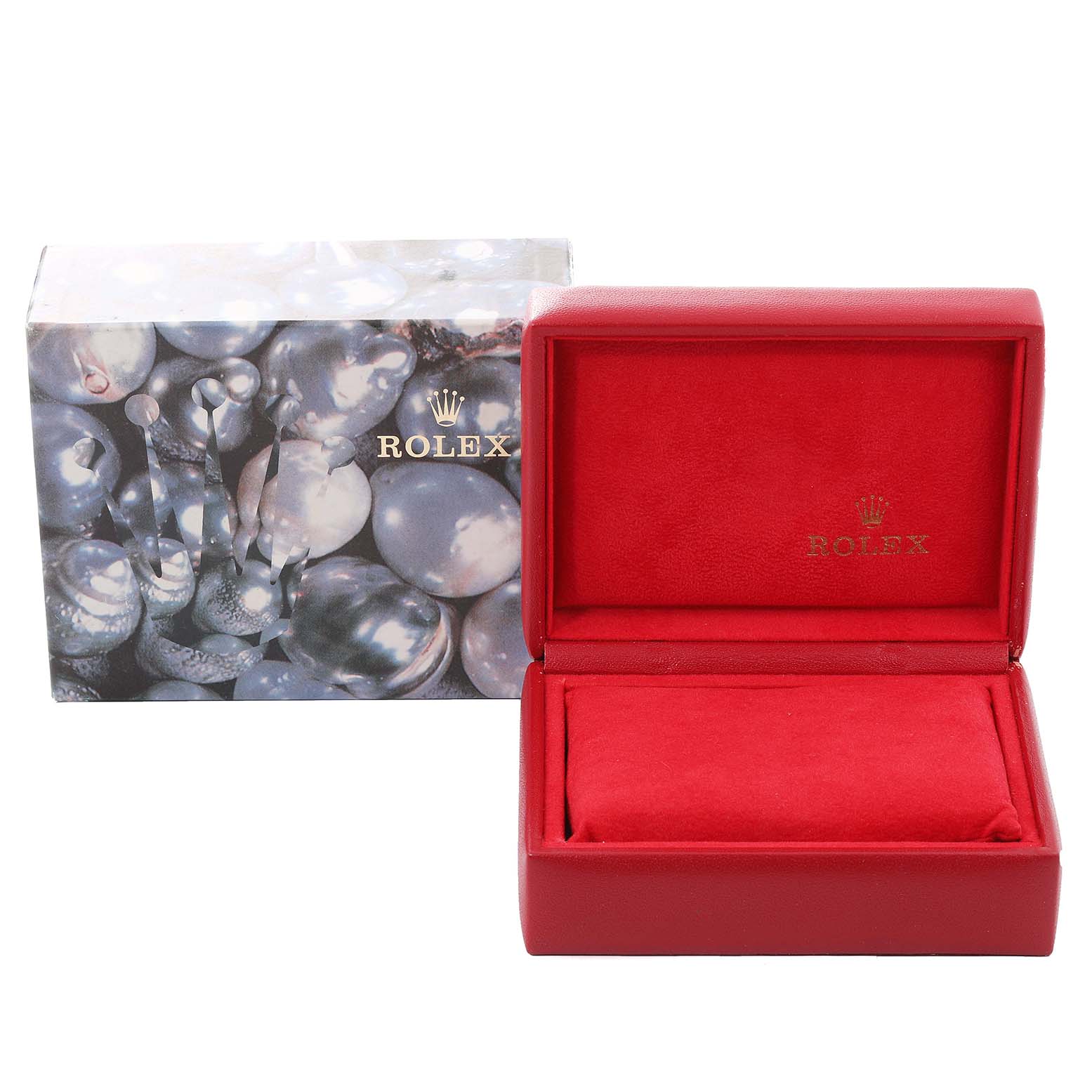 This image shows a red Rolex Datejust 69173 Women's Steel and Gold (two tone) Champagne Dial 69173 Women's Steel and Gold (two tone) Champagne Dial watch box and an outer box with a patterns and the Rolex logo.