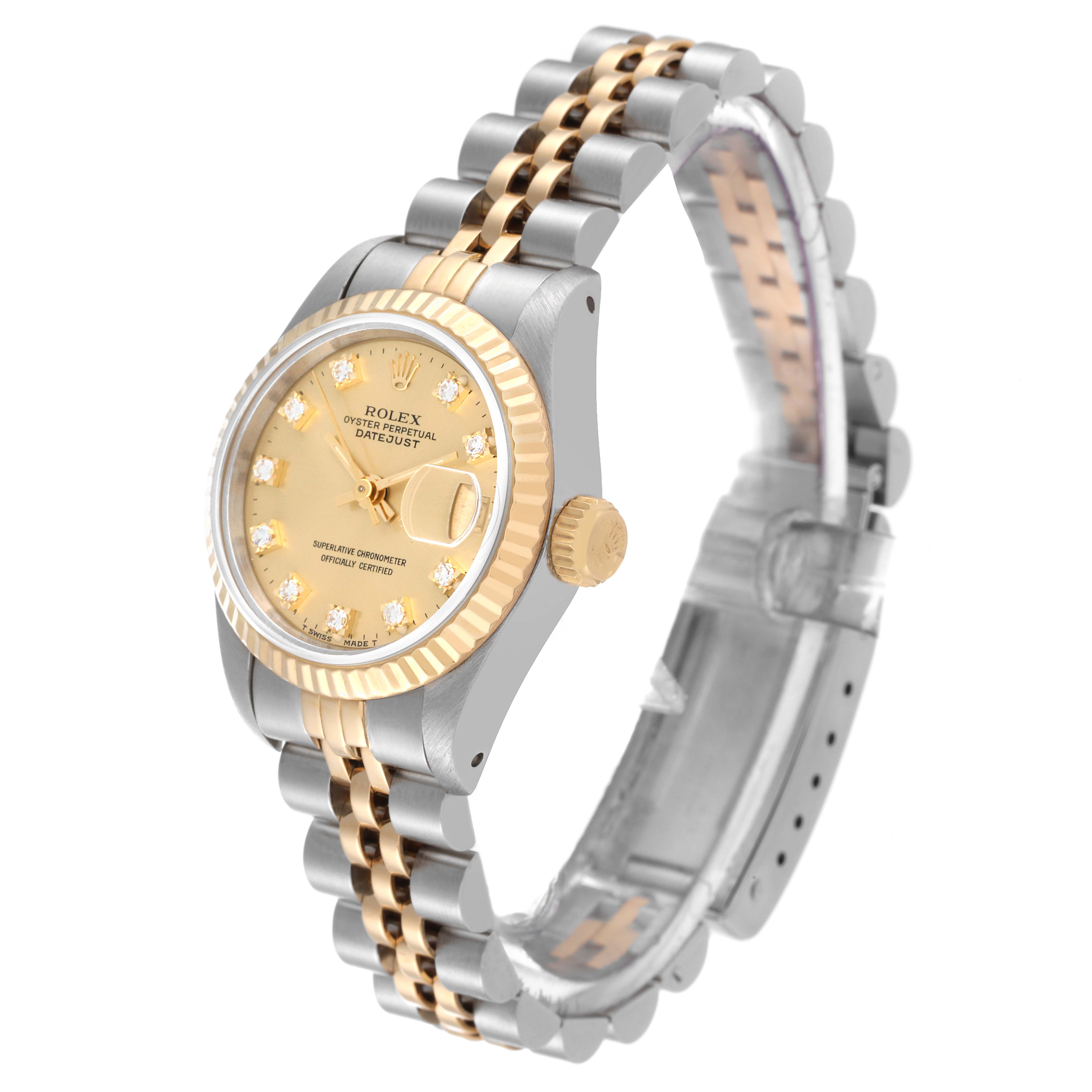 This Rolex Datejust 69173 Women's Steel and Gold (two tone) Champagne Dial 69173 Women's Steel and Gold (two tone) Champagne Dial model watch is shown from an angled side view, highlighting the face, bezel, crown, and two-tone bracelet.