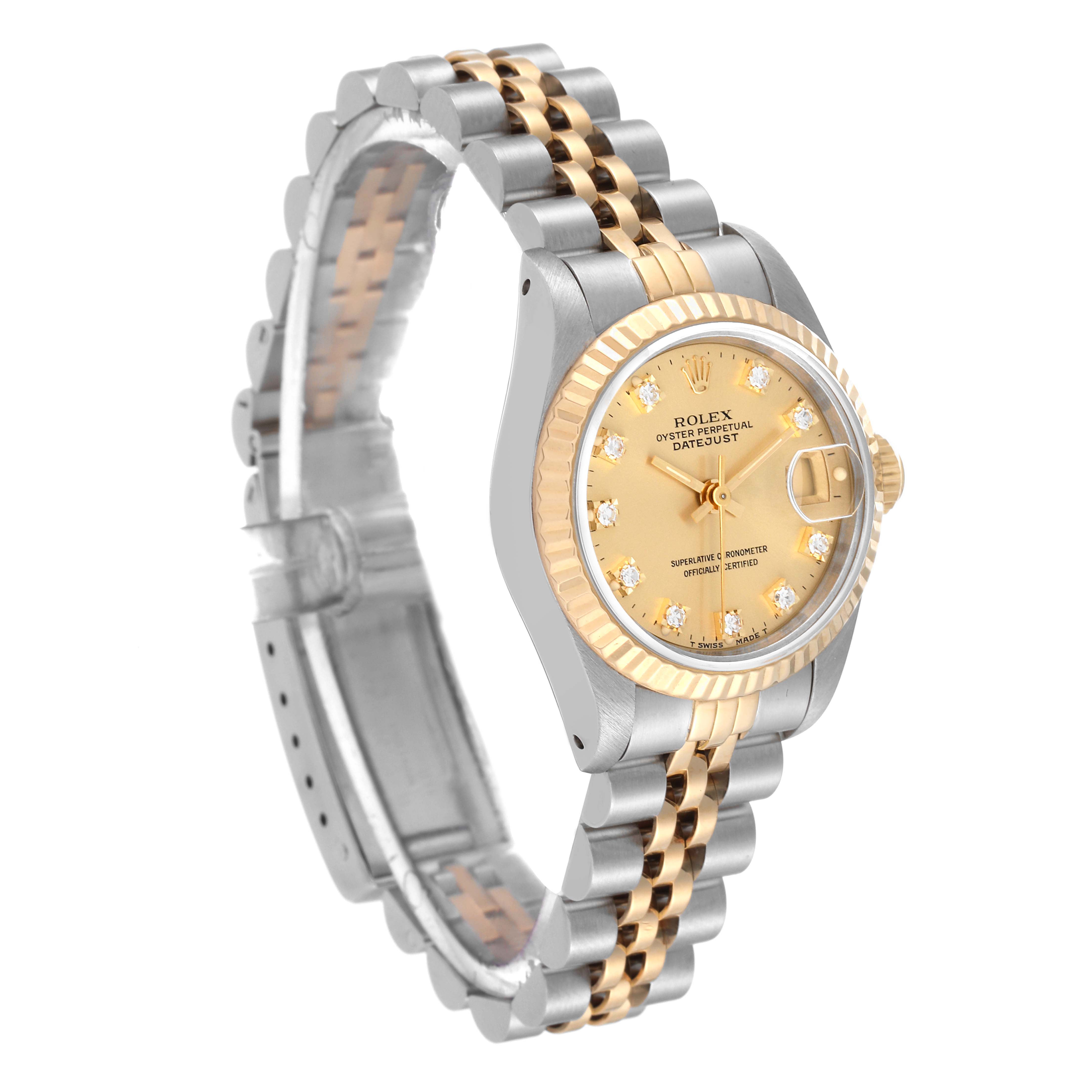 The image shows a side and angled front view of a Rolex Datejust 69173 Women's Steel and Gold (two tone) Champagne Dial 69173 Women's Steel and Gold (two tone) Champagne Dial watch, highlighting its gold dial, bezel, and two-tone bracelet.