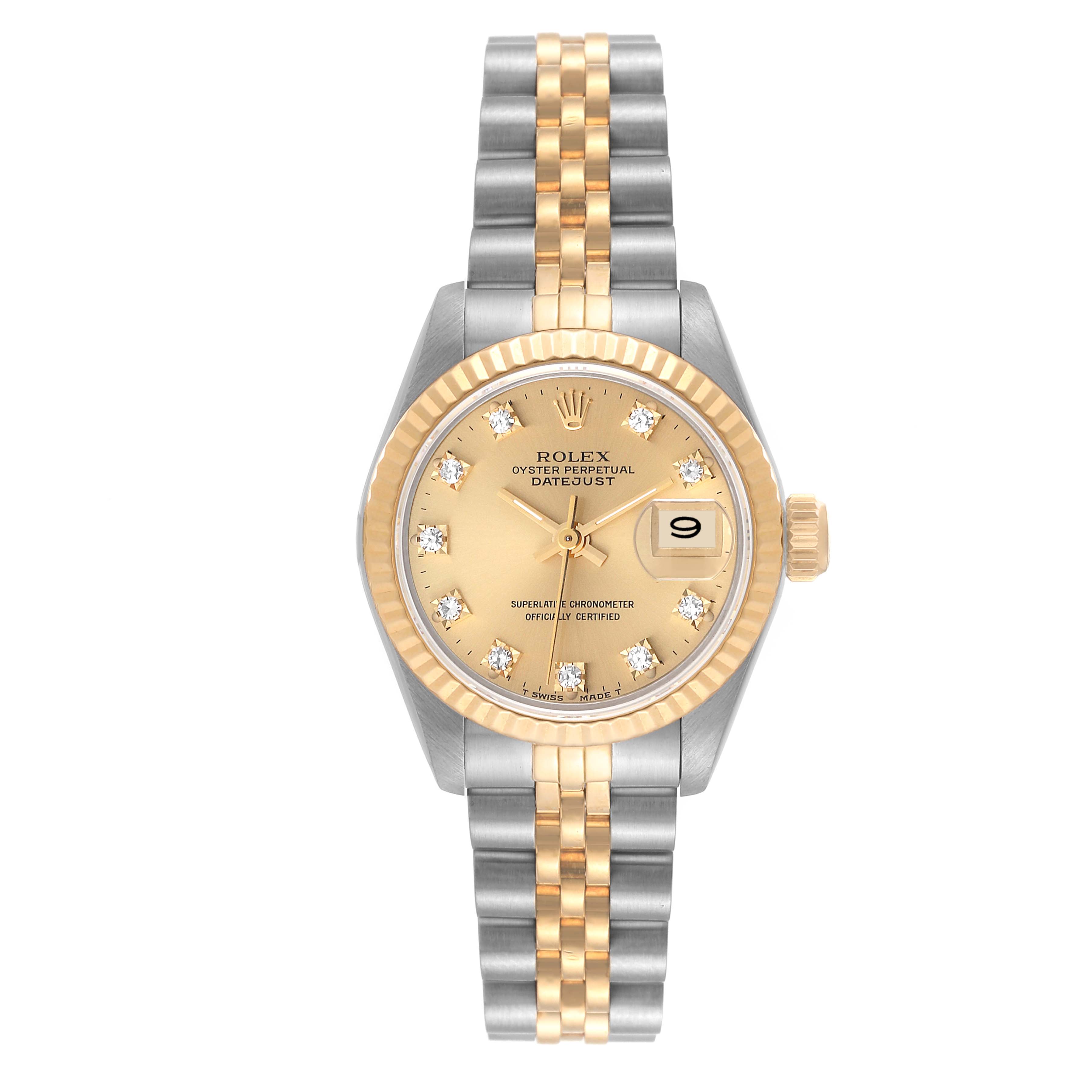 This image shows a Rolex Datejust 69173 Women's Steel and Gold (two tone) Champagne Dial 69173 Women's Steel and Gold (two tone) Champagne Dial watch from a top view, highlighting the gold bezel, dial, and two-tone bracelet.