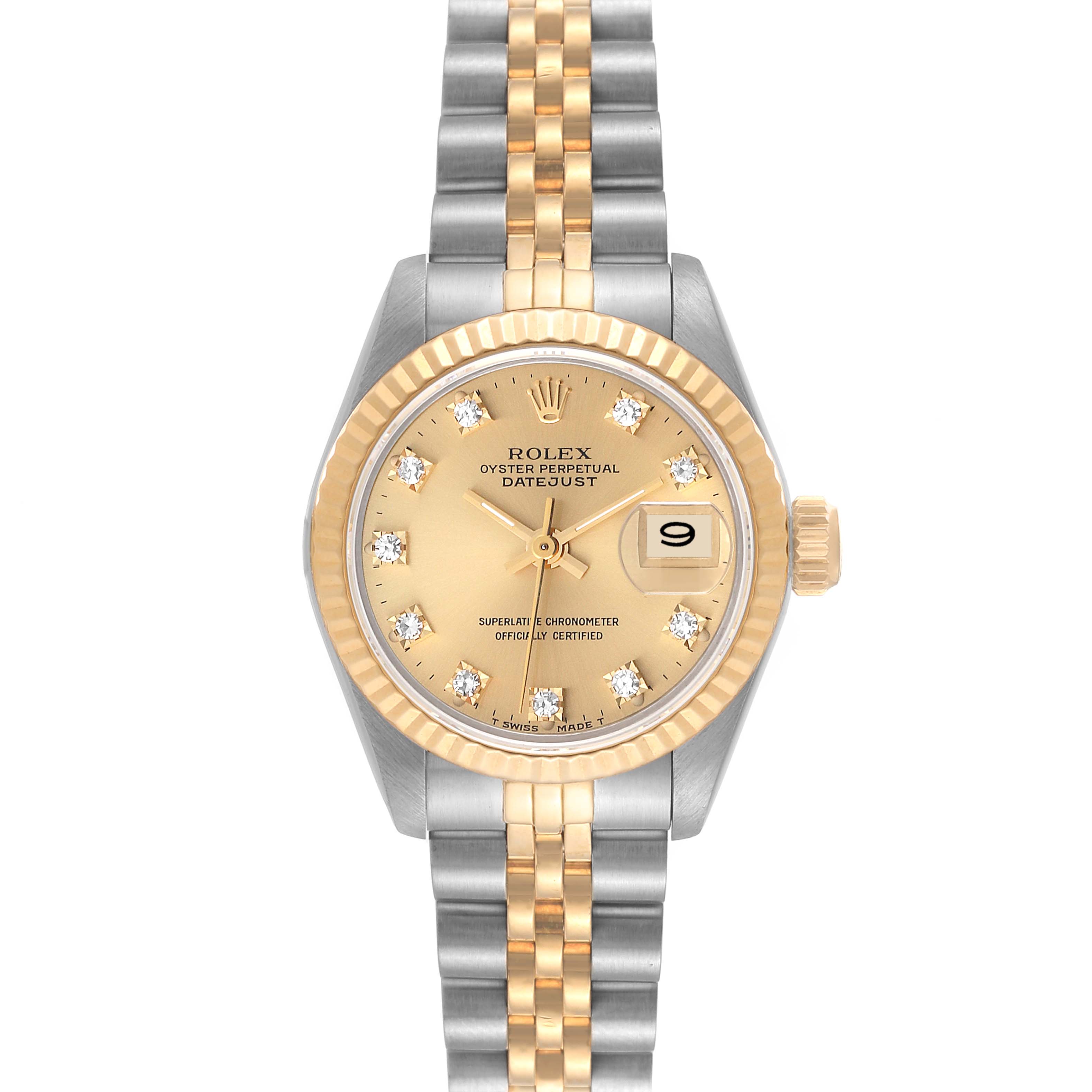 The Rolex Datejust 69173 Women's Steel and Gold (two tone) Champagne Dial 69173 Women's Steel and Gold (two tone) Champagne Dial watch is shown from a front angle, displaying the face, bracelet, date window, and bezel.