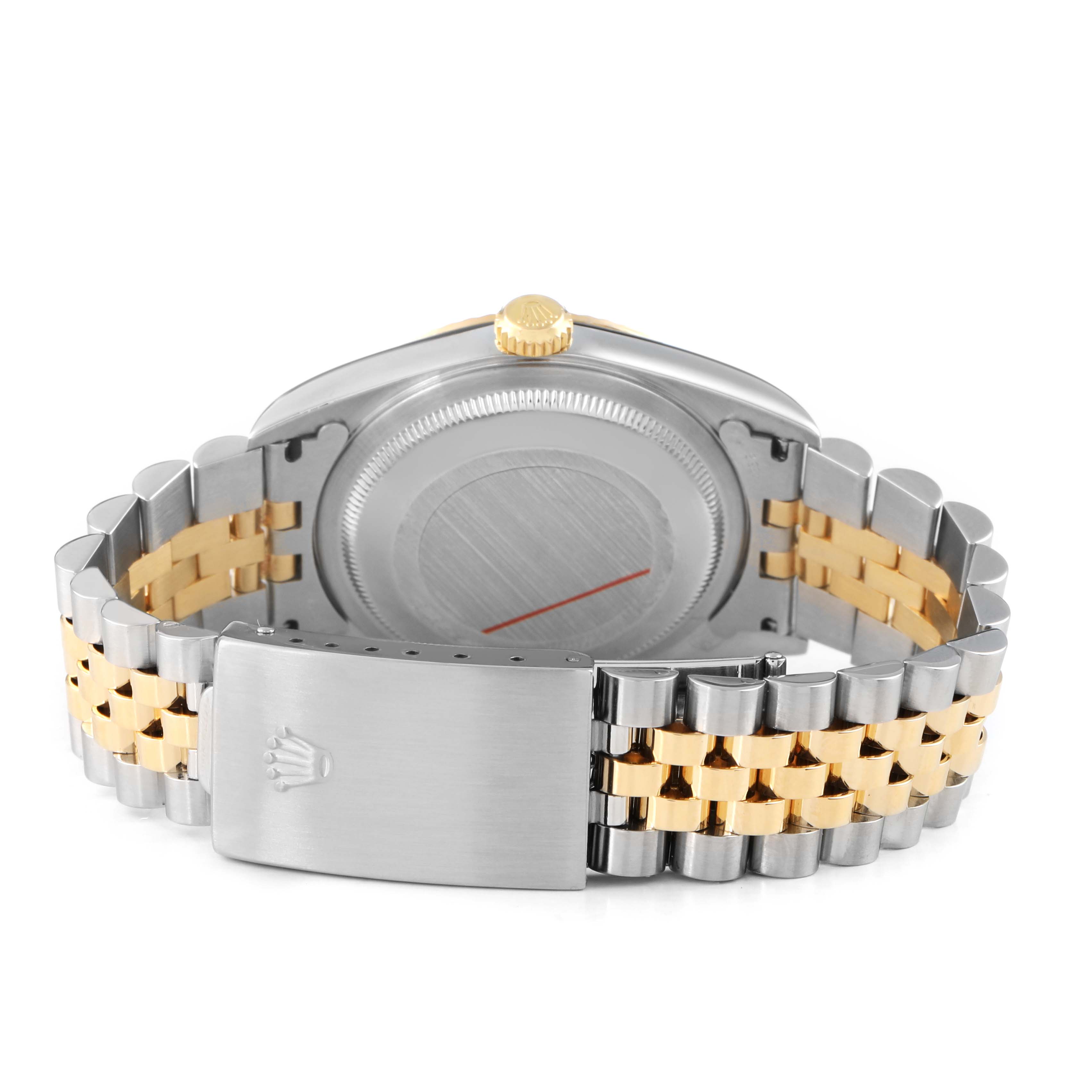 The Rolex Datejust 16233 Men's Steel and Gold (two tone) Champagne Dial watch is shown from the back, displaying the case back, crown, and two-tone bracelet with a clasp.