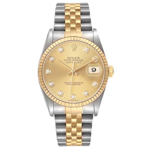 The Rolex Datejust 16233 Men's Steel and Gold (two tone) Champagne Dial watch is shown from a front angle, displaying its dial, bezel, and bracelet.