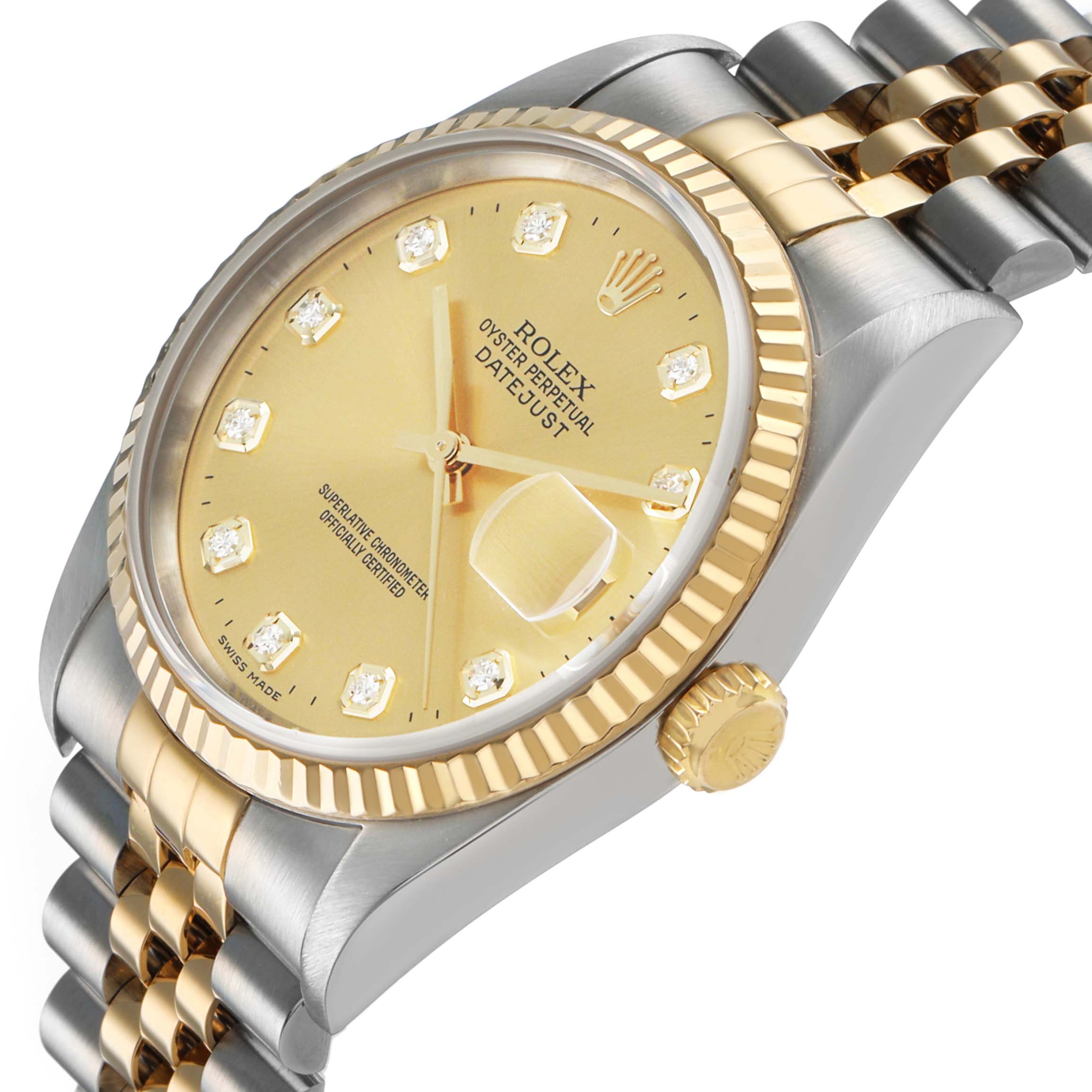 The Rolex Datejust 16233 Men's Steel and Gold (two tone) Champagne Dial watch is shown at a slight angle, highlighting the dial, bezel, crown, and bracelet.