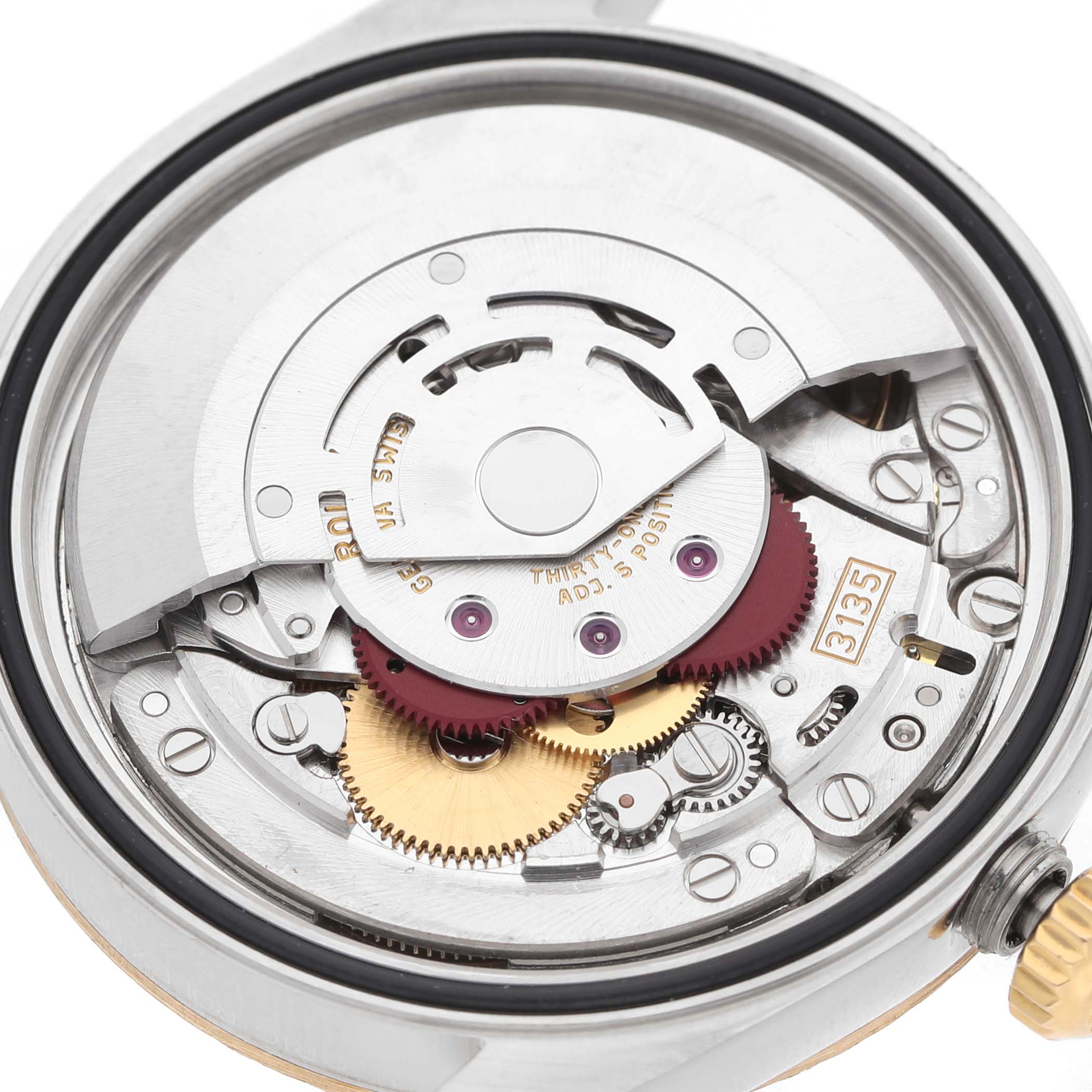 This image shows the inner mechanical movement of a Rolex Datejust 16233 Men's Steel and Gold (two tone) Champagne Dial watch from a top-down angle.