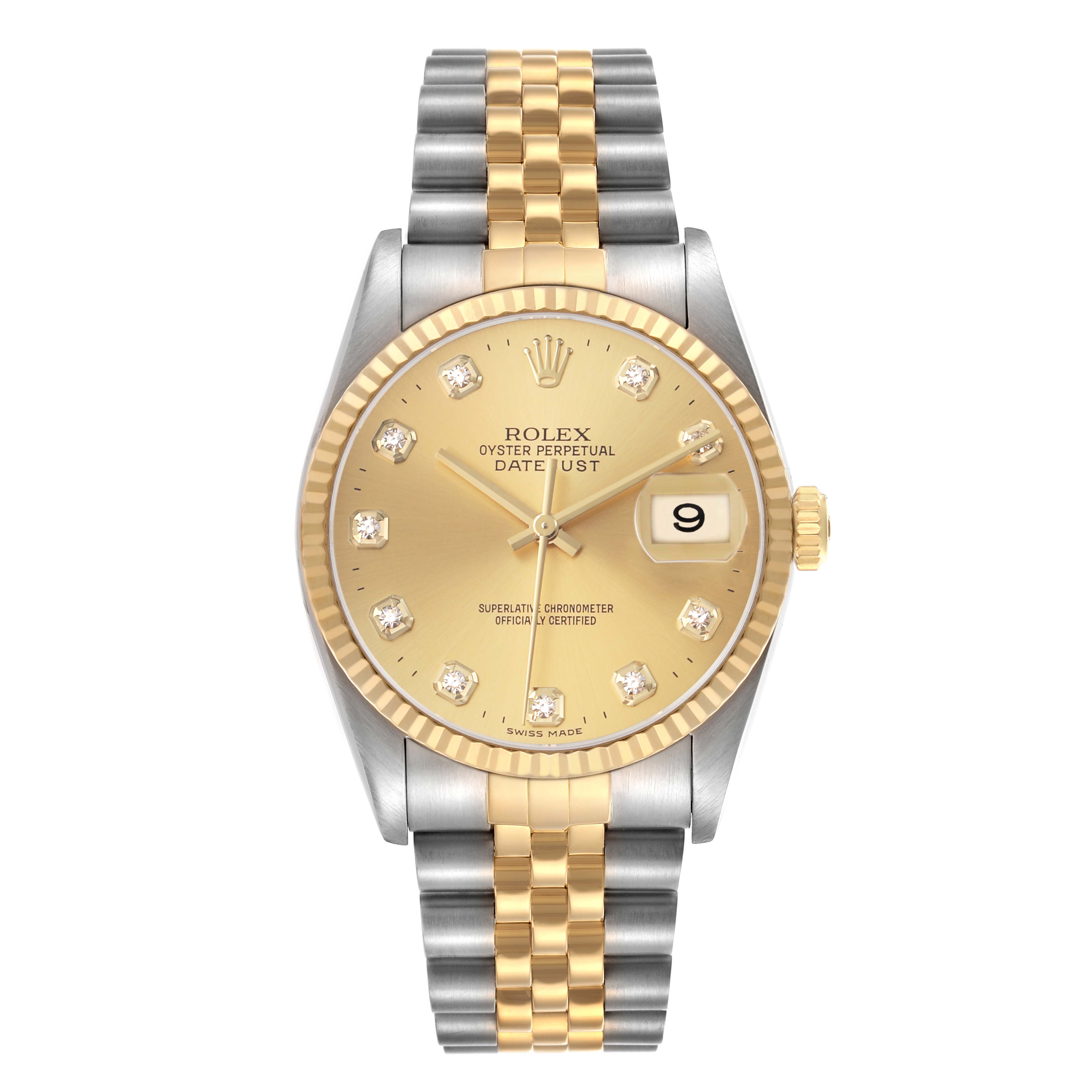 The Rolex Datejust 16233 Men's Steel and Gold (two tone) Champagne Dial watch is shown from the front, highlighting its gold dial, bezel, and two-tone bracelet.