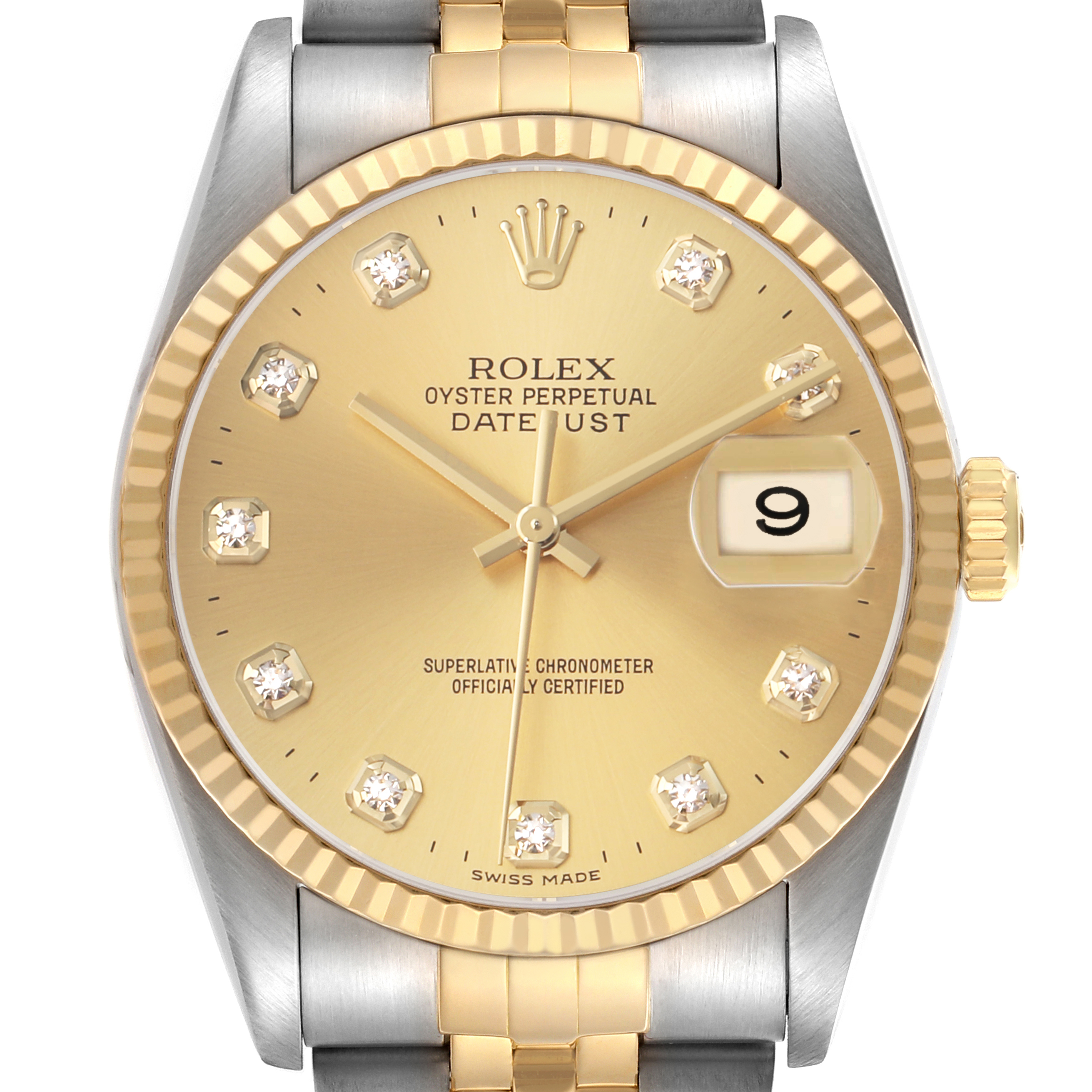The Rolex Datejust 16233 Men's Steel and Gold (two tone) Champagne Dial watch is shown from the front, highlighting its gold dial, diamond hour markers, fluted bezel, and date window.