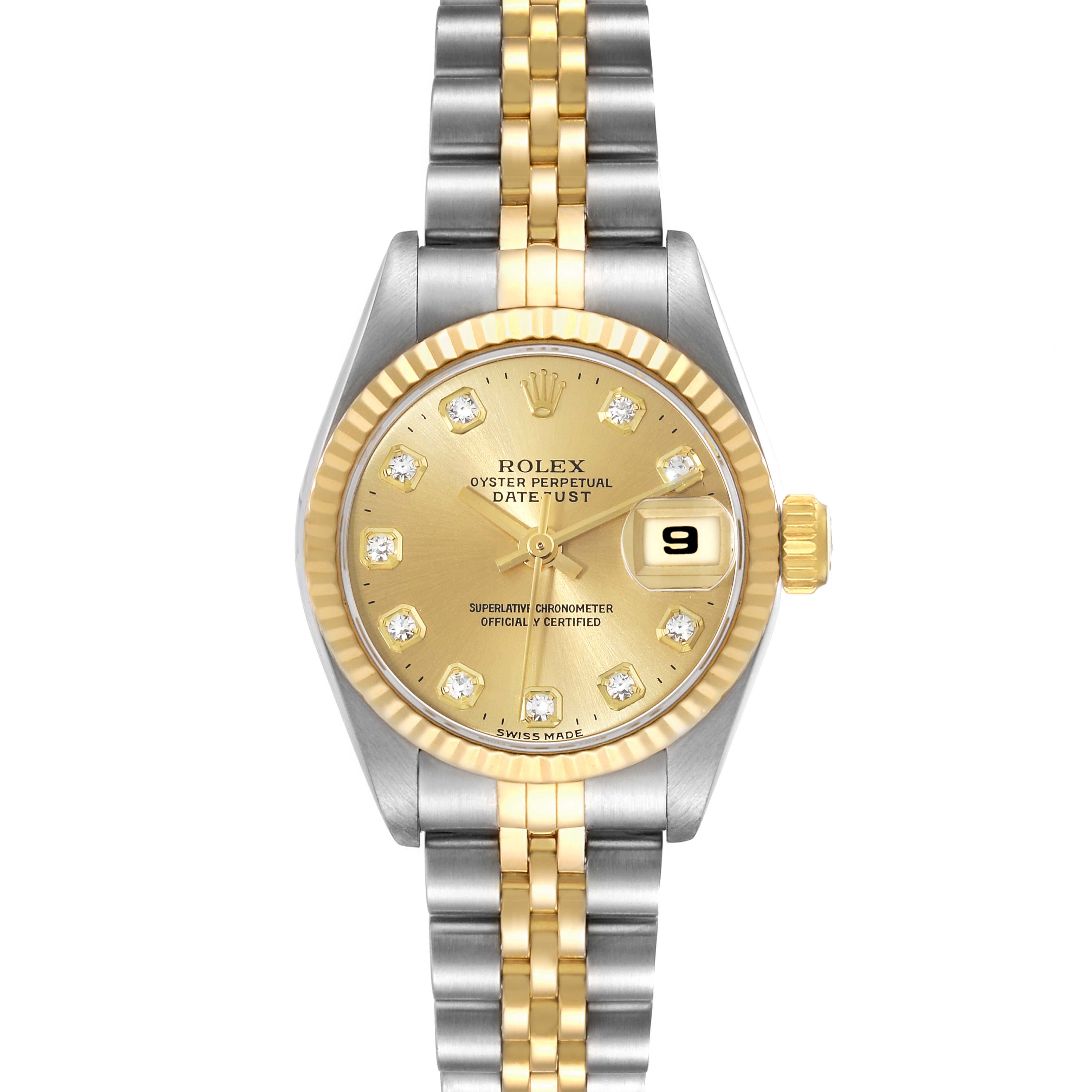 The image shows a front view of a Rolex Datejust 69173 Women's Steel and Gold (two tone) Champagne Dial 69173 Women's Steel and Gold (two tone) Champagne Dial watch, highlighting its gold dial, diamond hour markers, and two-tone bracelet.