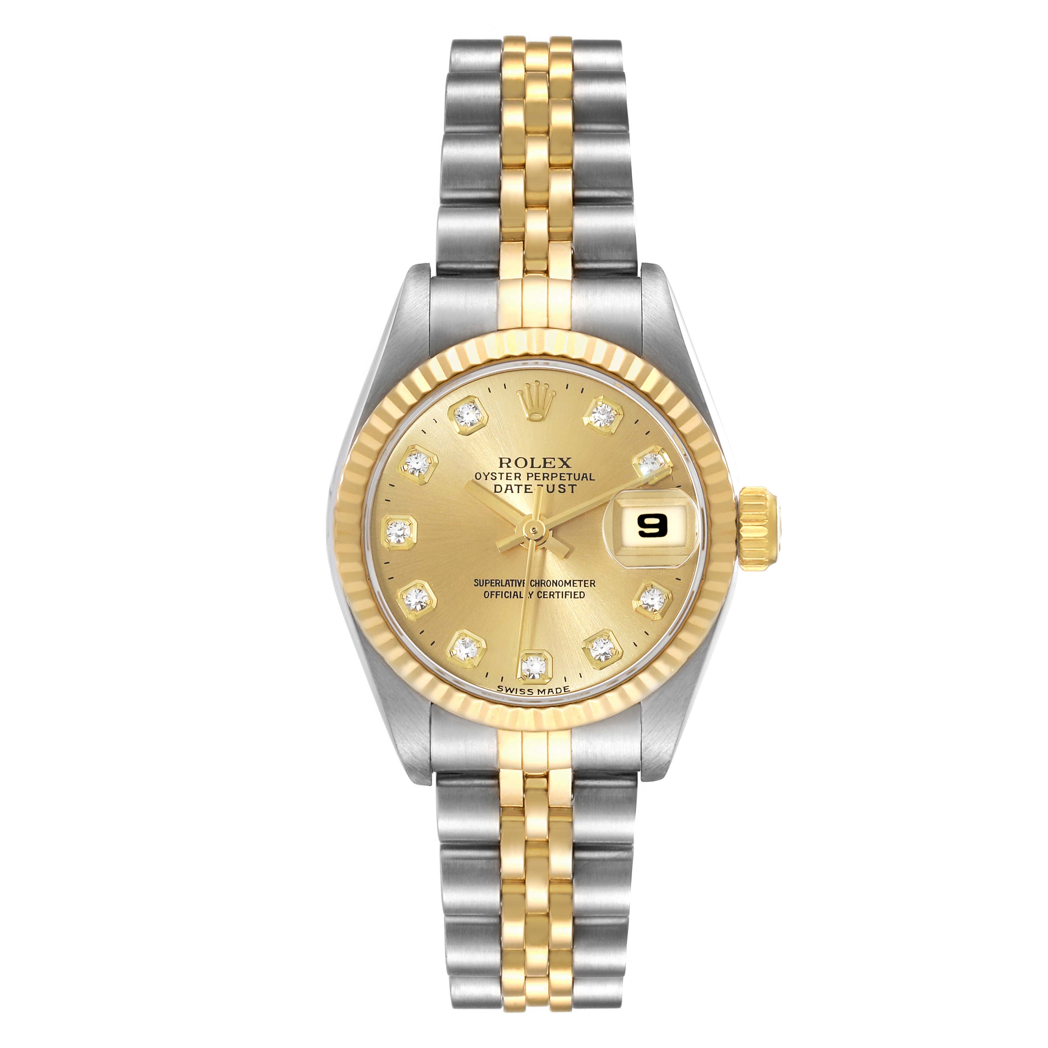 The Rolex Datejust 69173 Women's Steel and Gold (two tone) Champagne Dial 69173 Women's Steel and Gold (two tone) Champagne Dial watch is shown from a top-down angle, highlighting the dial, bezel, bracelet, and date window.