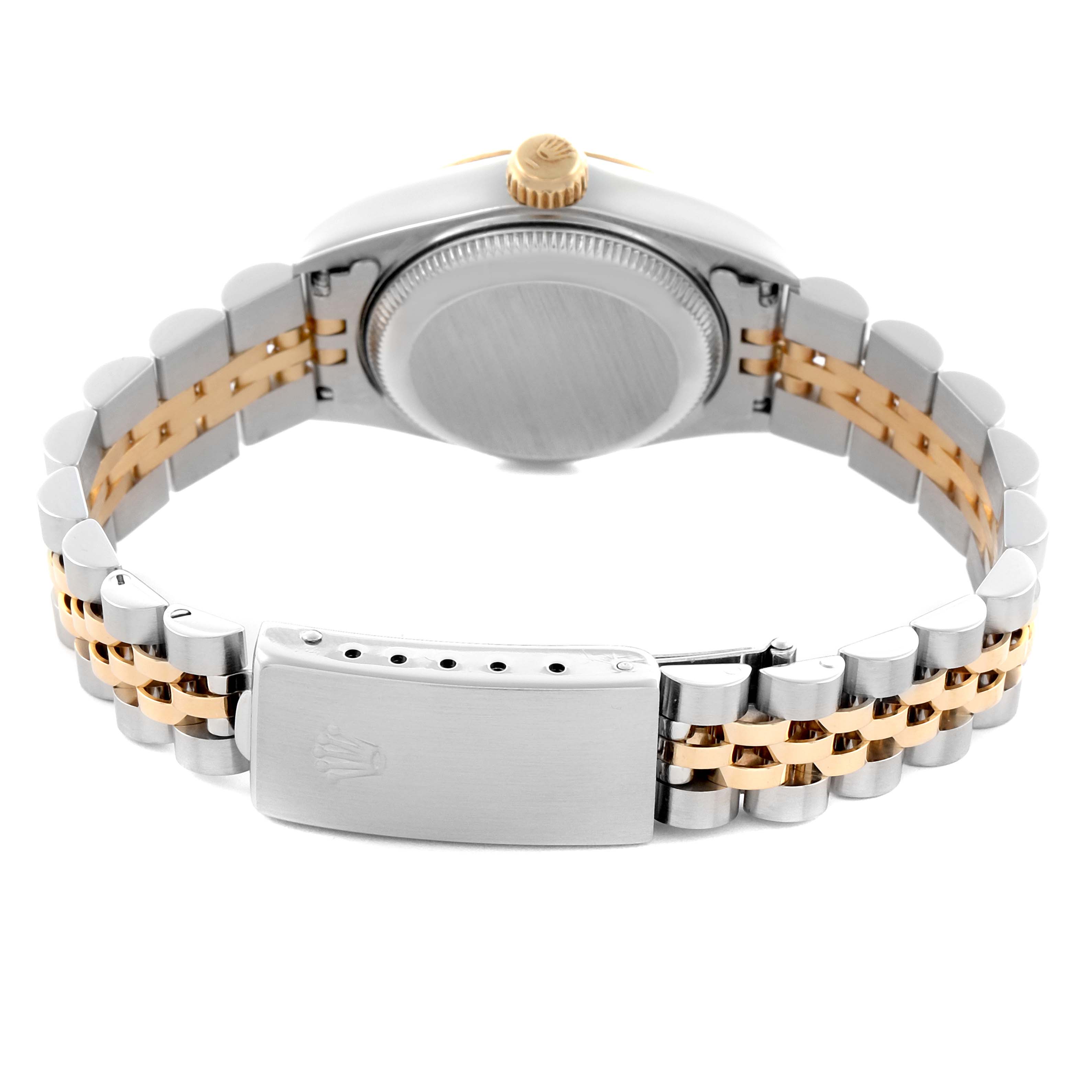 The image shows the back view of a Rolex Datejust 69173 Women's Steel and Gold (two tone) Champagne Dial 69173 Women's Steel and Gold (two tone) Champagne Dial, highlighting the case back, crown, and two-tone bracelet with clasp.