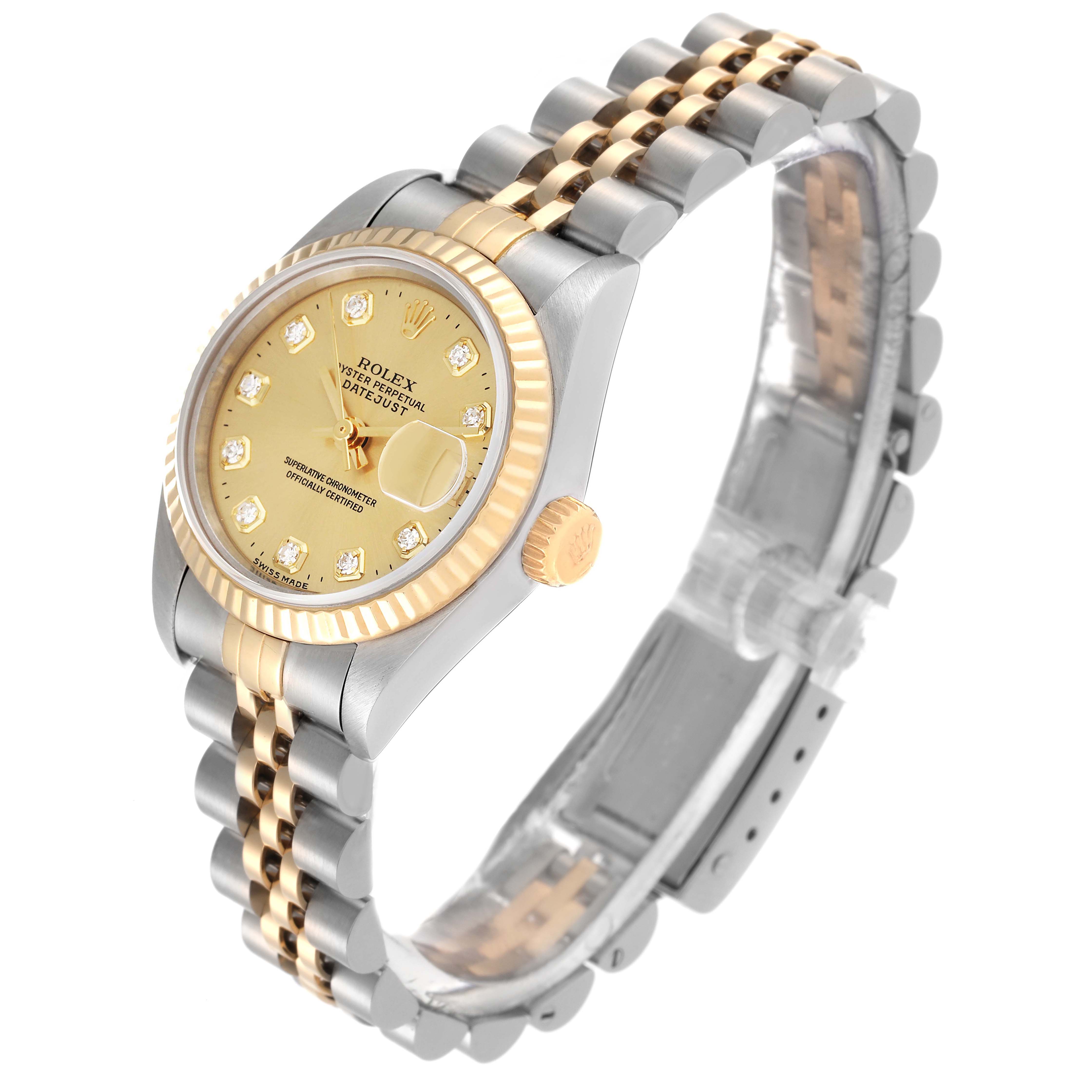 The Rolex Datejust 69173 Women's Steel and Gold (two tone) Champagne Dial 69173 Women's Steel and Gold (two tone) Champagne Dial watch is shown in a three-quarter angle displaying the dial, bezel, crown, and bracelet.
