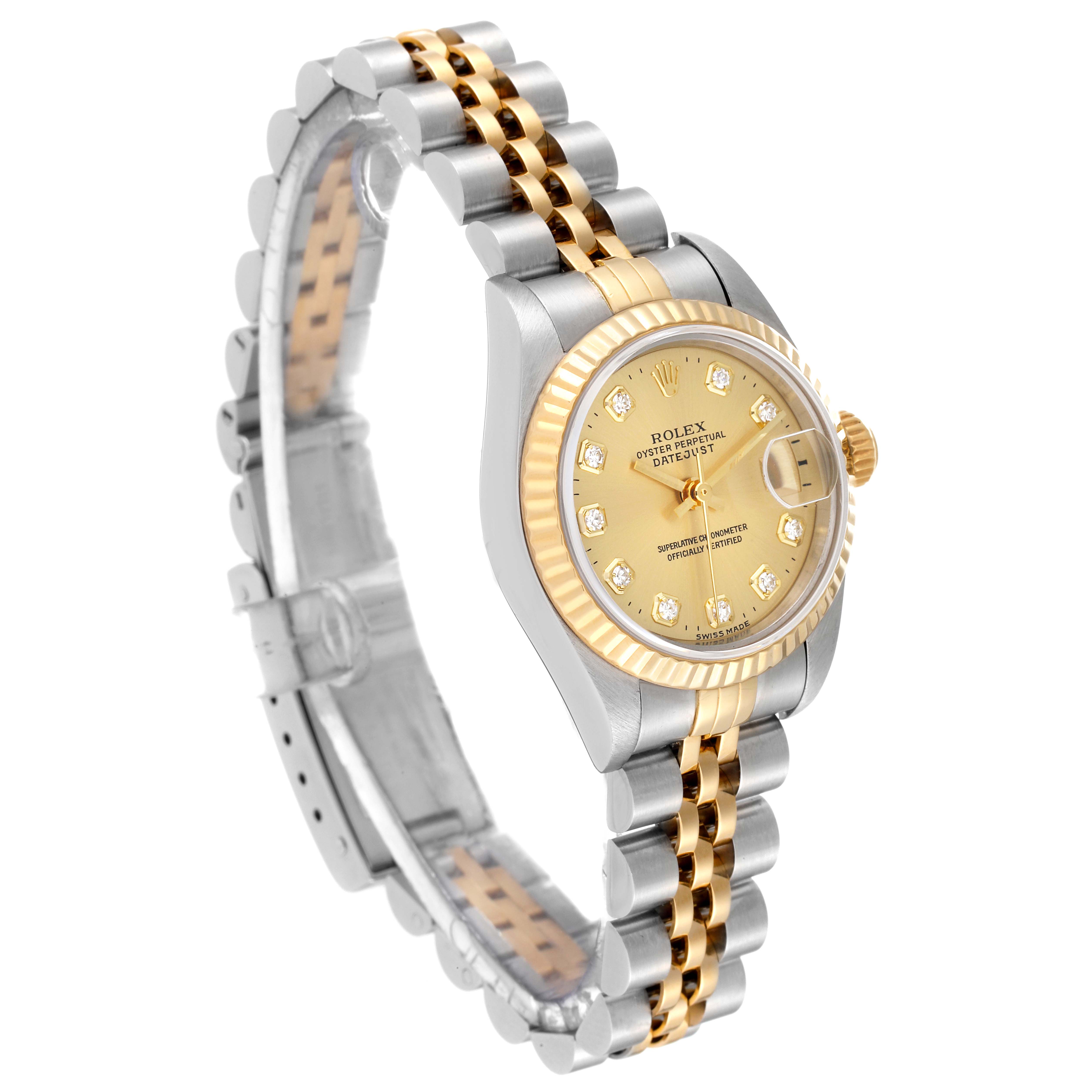 The Rolex Datejust 69173 Women's Steel and Gold (two tone) Champagne Dial 69173 Women's Steel and Gold (two tone) Champagne Dial watch is shown at a three-quarter angle, highlighting the bracelet, dial, and bezel.
