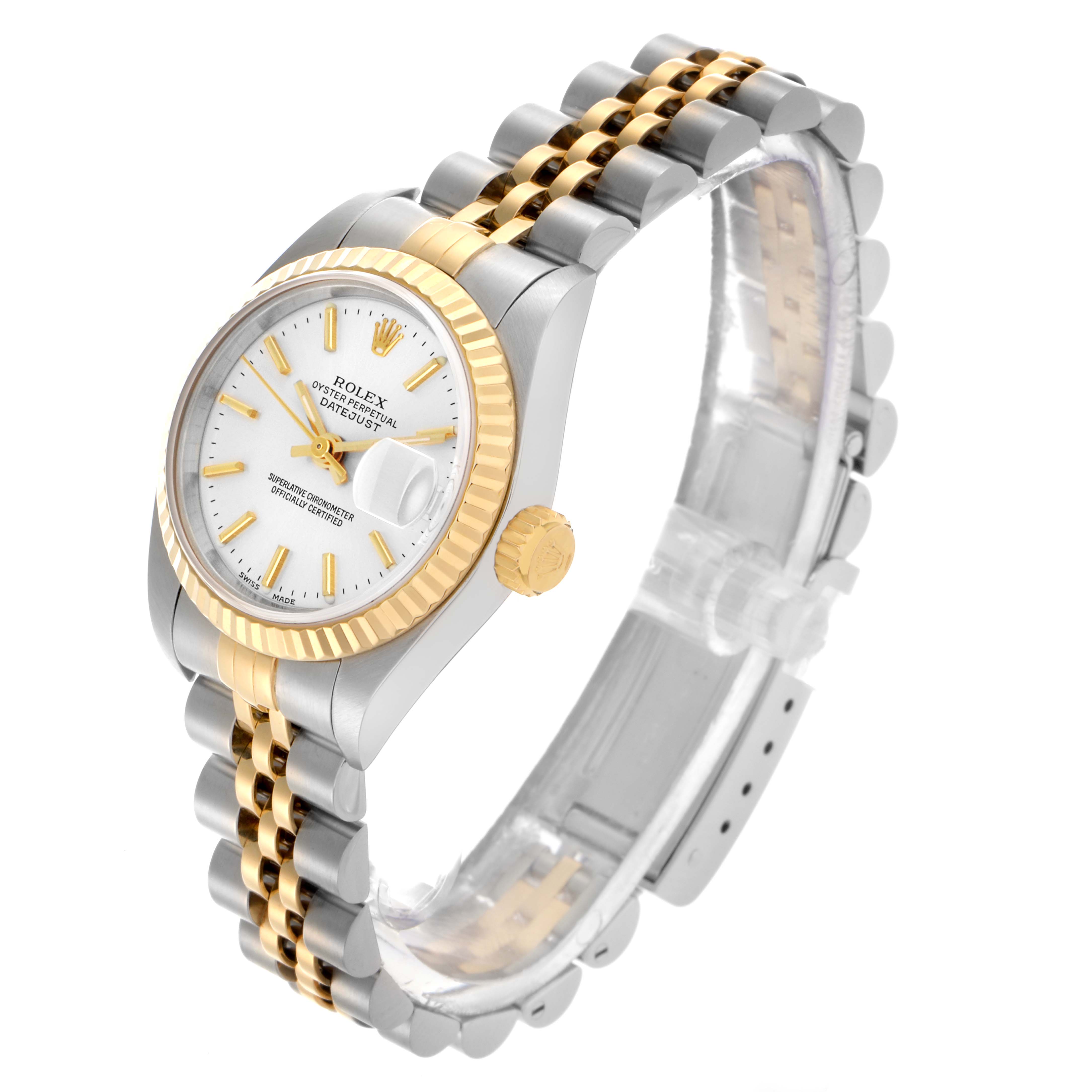 The Rolex Datejust 79173 Women's Steel and Gold (two tone) Silver Dial 79173 Women's Steel and Gold (two tone) Silver Dial watch is shown at a three-quarter angle, highlighting the gold fluted bezel, crown, and two-tone Jubilee bracelet.
