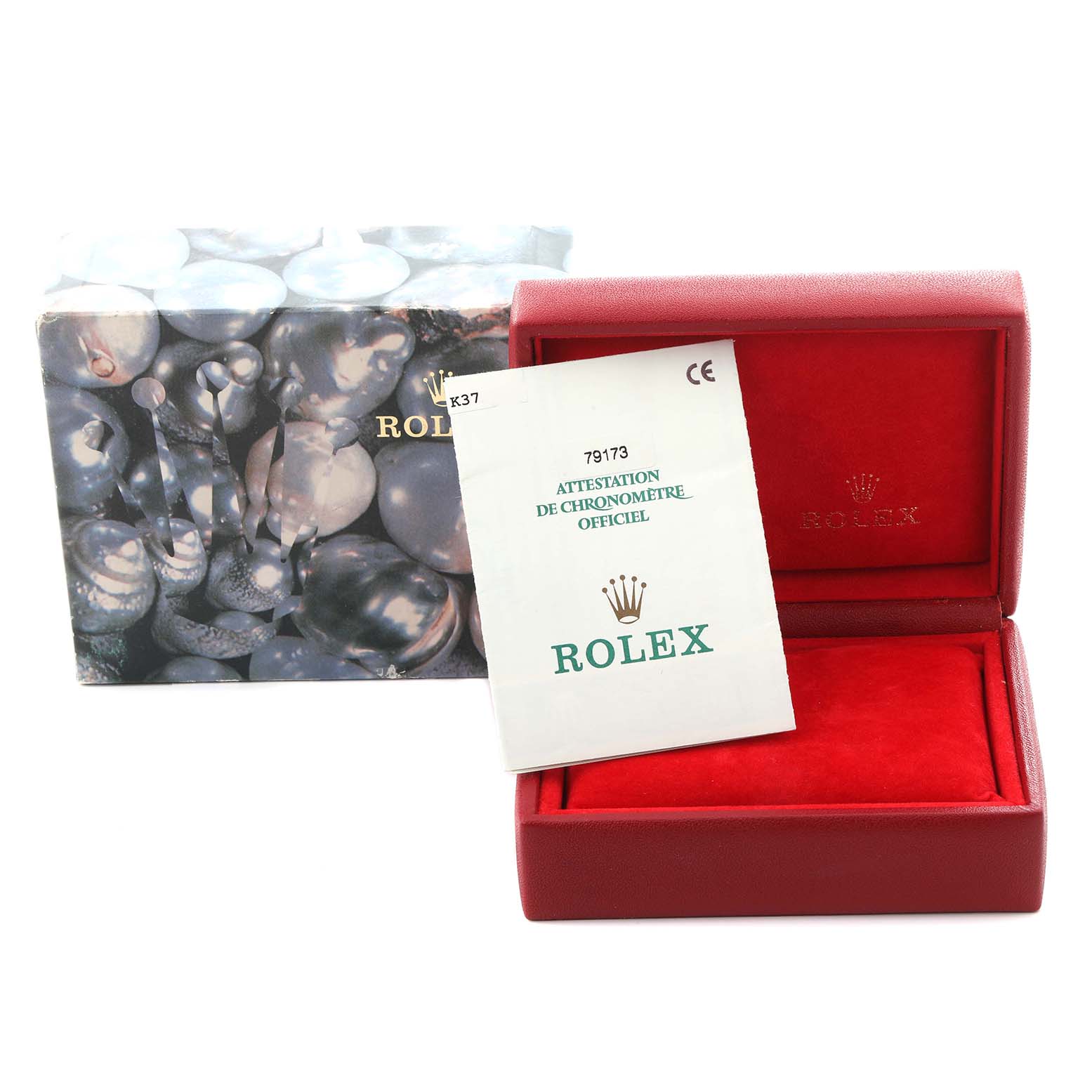 The image shows a Rolex Datejust 79173 Women's Steel and Gold (two tone) Silver Dial 79173 Women's Steel and Gold (two tone) Silver Dial box, certificate, and outer packaging, viewed from the front.