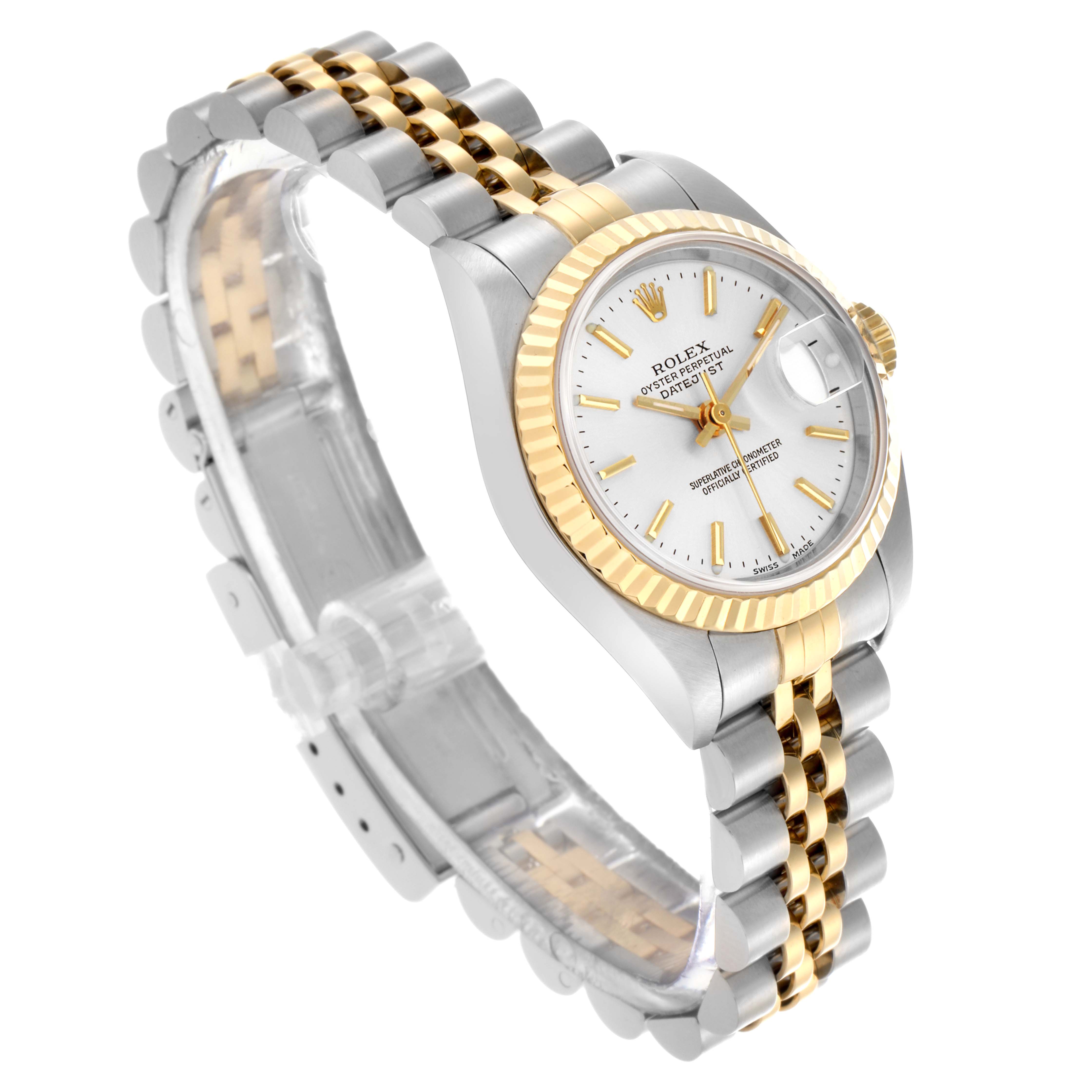 The Rolex Datejust 79173 Women's Steel and Gold (two tone) Silver Dial 79173 Women's Steel and Gold (two tone) Silver Dial watch is shown at a three-quarter angle, highlighting its dial, bezel, and two-tone bracelet.