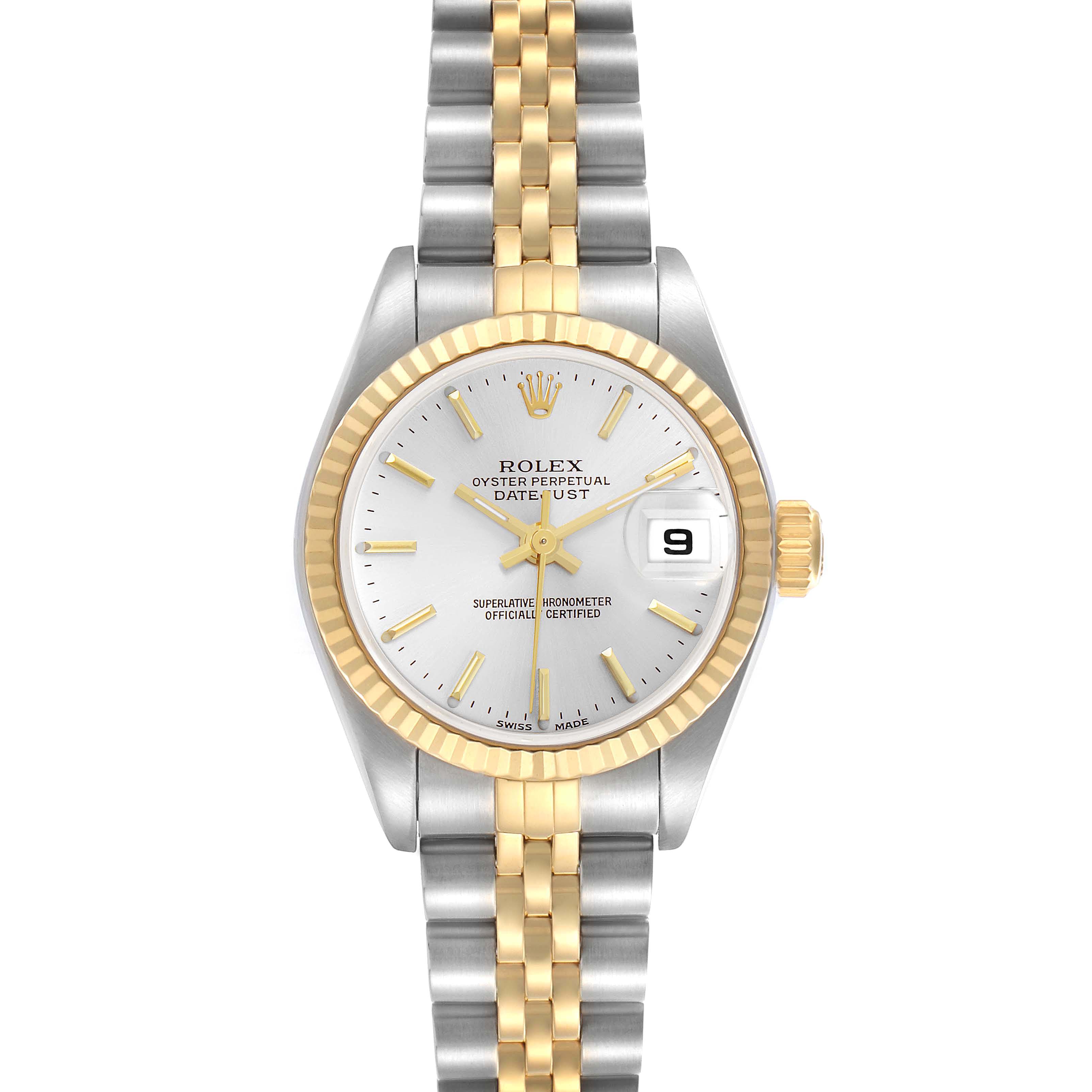 The Rolex Datejust 79173 Women's Steel and Gold (two tone) Silver Dial 79173 Women's Steel and Gold (two tone) Silver Dial watch is shown from a front angle, displaying its dial, two-tone bracelet, fluted bezel, and date window.