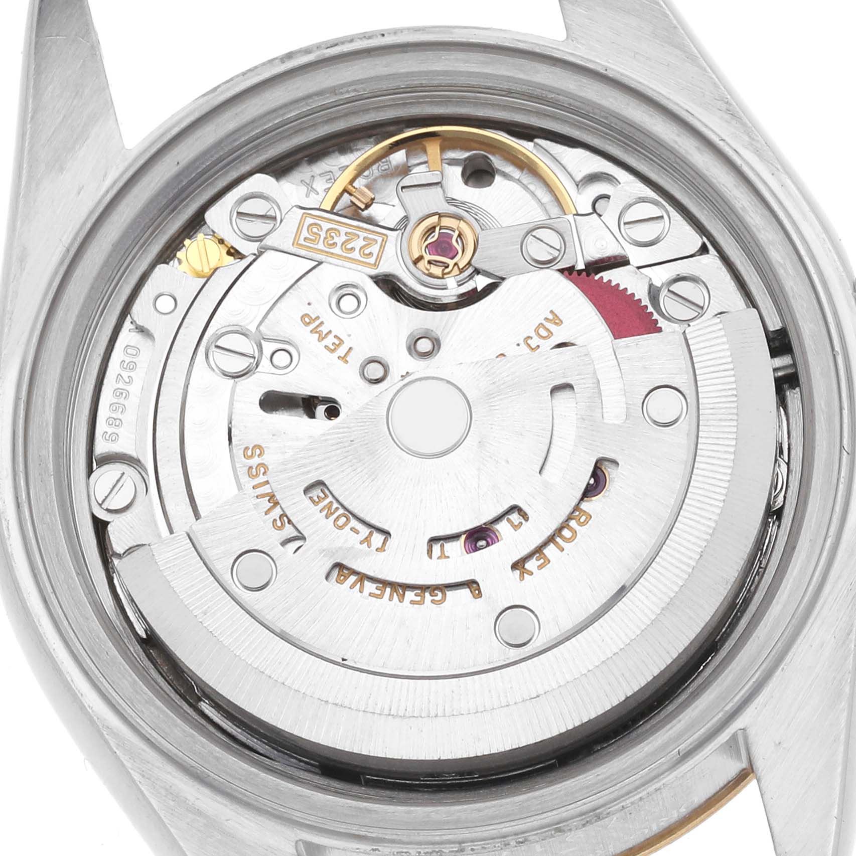 The image shows the movement of a Rolex Datejust 79173 Women's Steel and Gold (two tone) Silver Dial 79173 Women's Steel and Gold (two tone) Silver Dial from the back, highlighting its inner mechanical components.