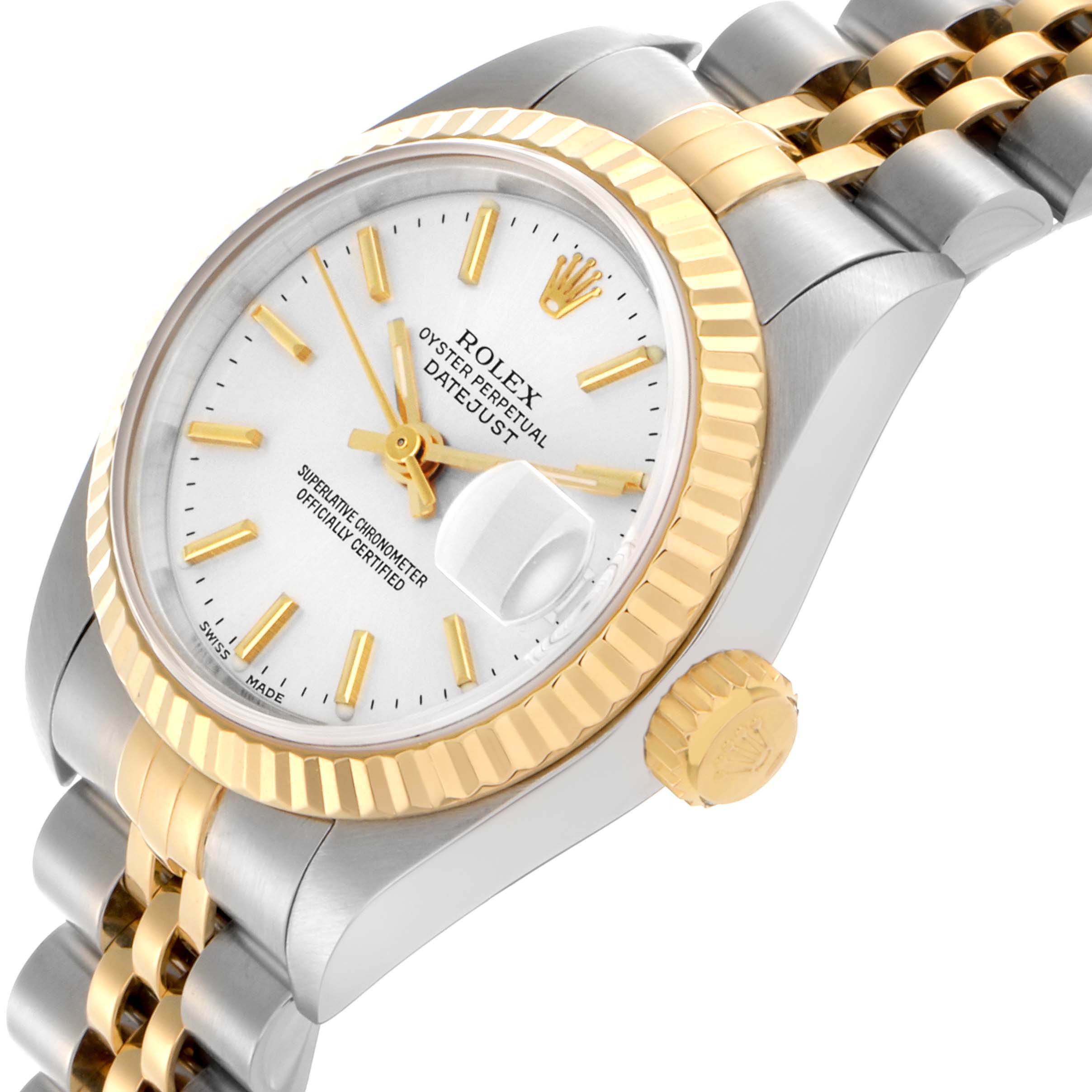 The image shows the Rolex Datejust 79173 Women's Steel and Gold (two tone) Silver Dial 79173 Women's Steel and Gold (two tone) Silver Dial watch at a three-quarter angle, highlighting the bezel, crown, dial, and part of the bracelet.