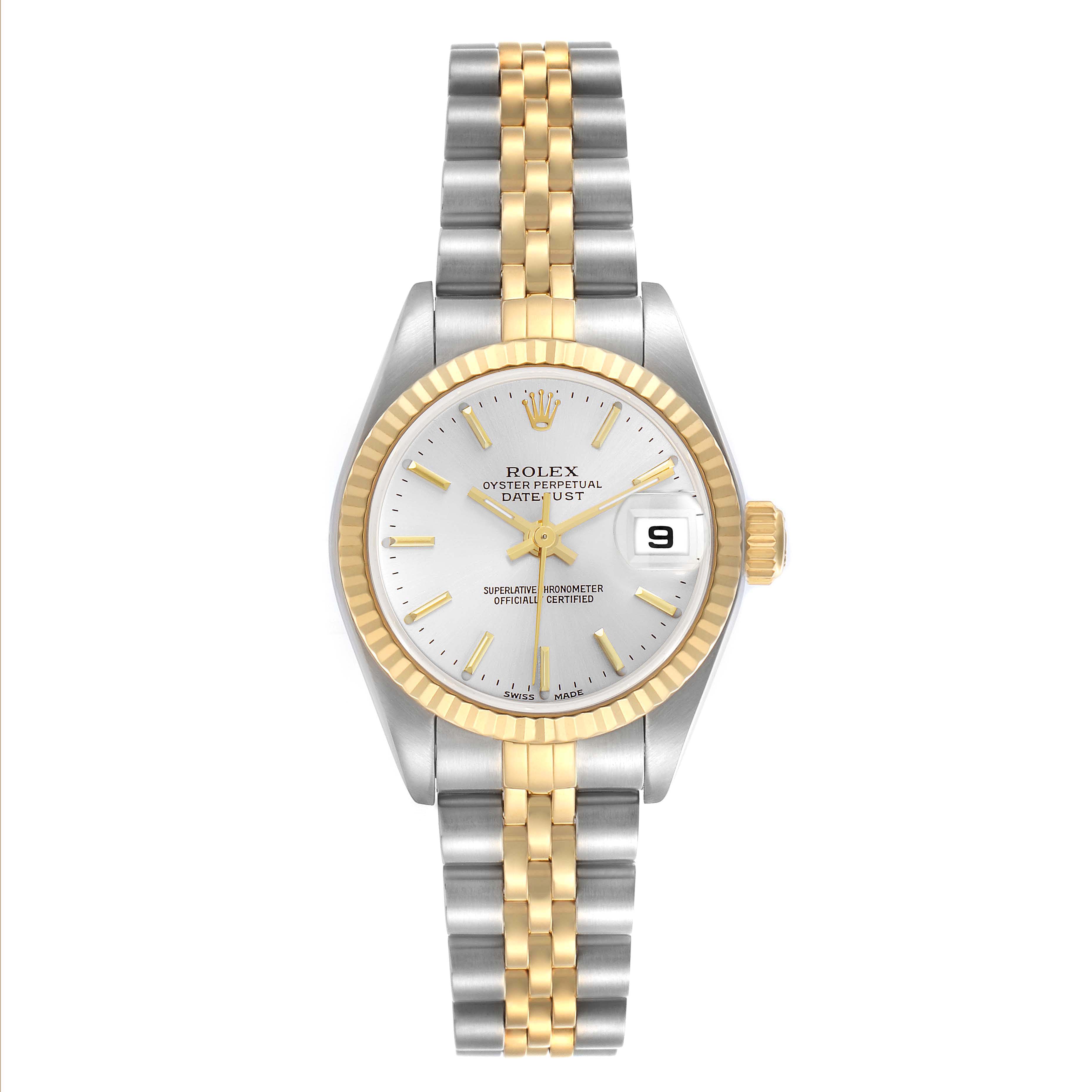 The Rolex Datejust 79173 Women's Steel and Gold (two tone) Silver Dial 79173 Women's Steel and Gold (two tone) Silver Dial watch is shown from a top-down angle, displaying the dial, bezel, bracelet, and crown.