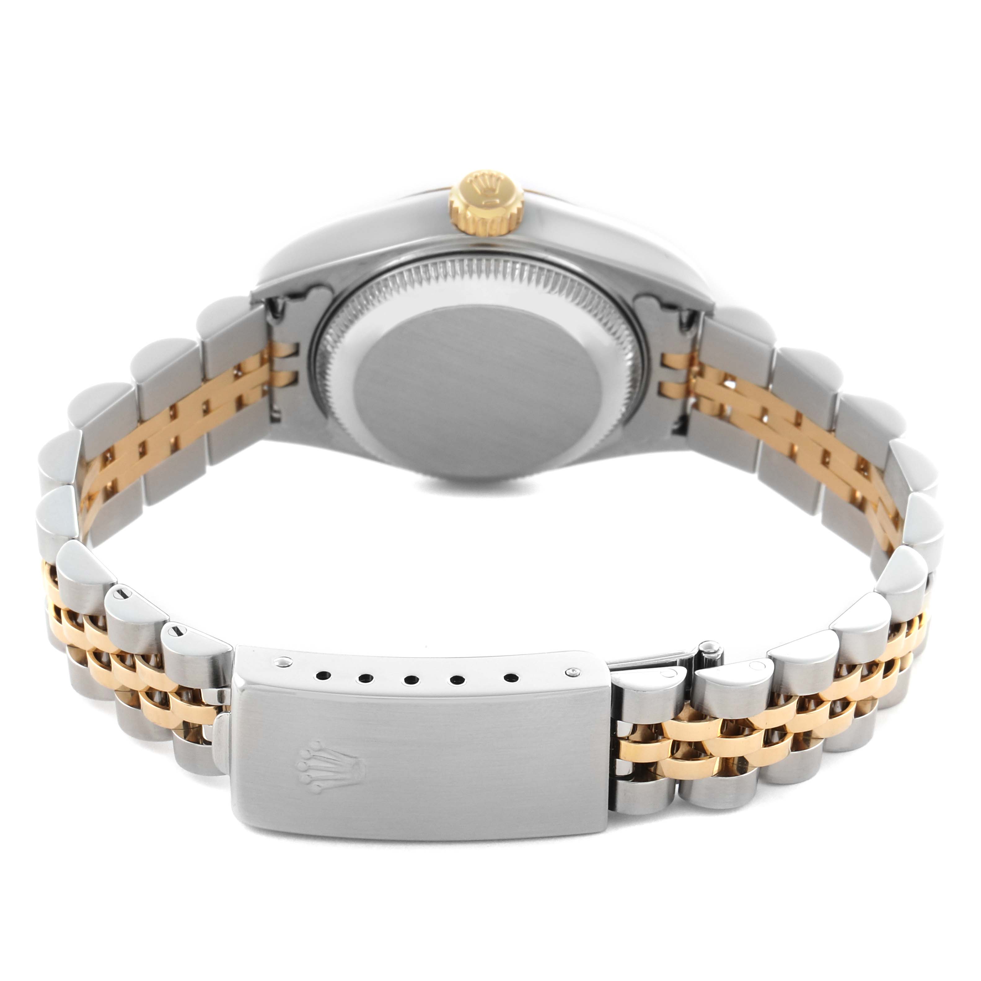The image shows the back of a Rolex Datejust 79173 Women's Steel and Gold (two tone) Silver Dial 79173 Women's Steel and Gold (two tone) Silver Dial watch, highlighting the case back, crown, and two-tone bracelet with a closed clasp.