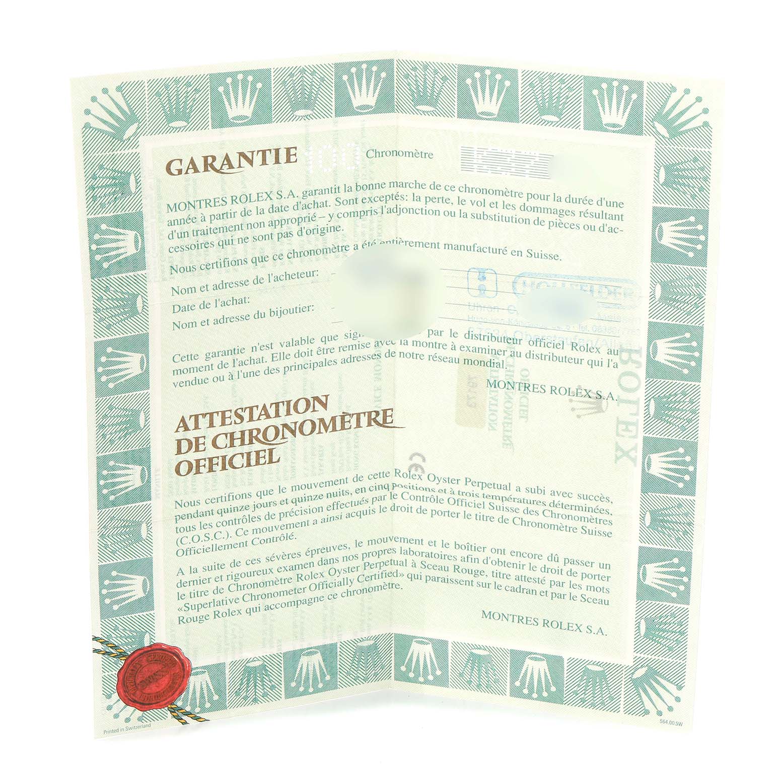 The image shows a warranty certificate for a Rolex Datejust 79173 Women's Steel and Gold (two tone) Silver Dial 79173 Women's Steel and Gold (two tone) Silver Dial, angled to reveal text and decorative edges.