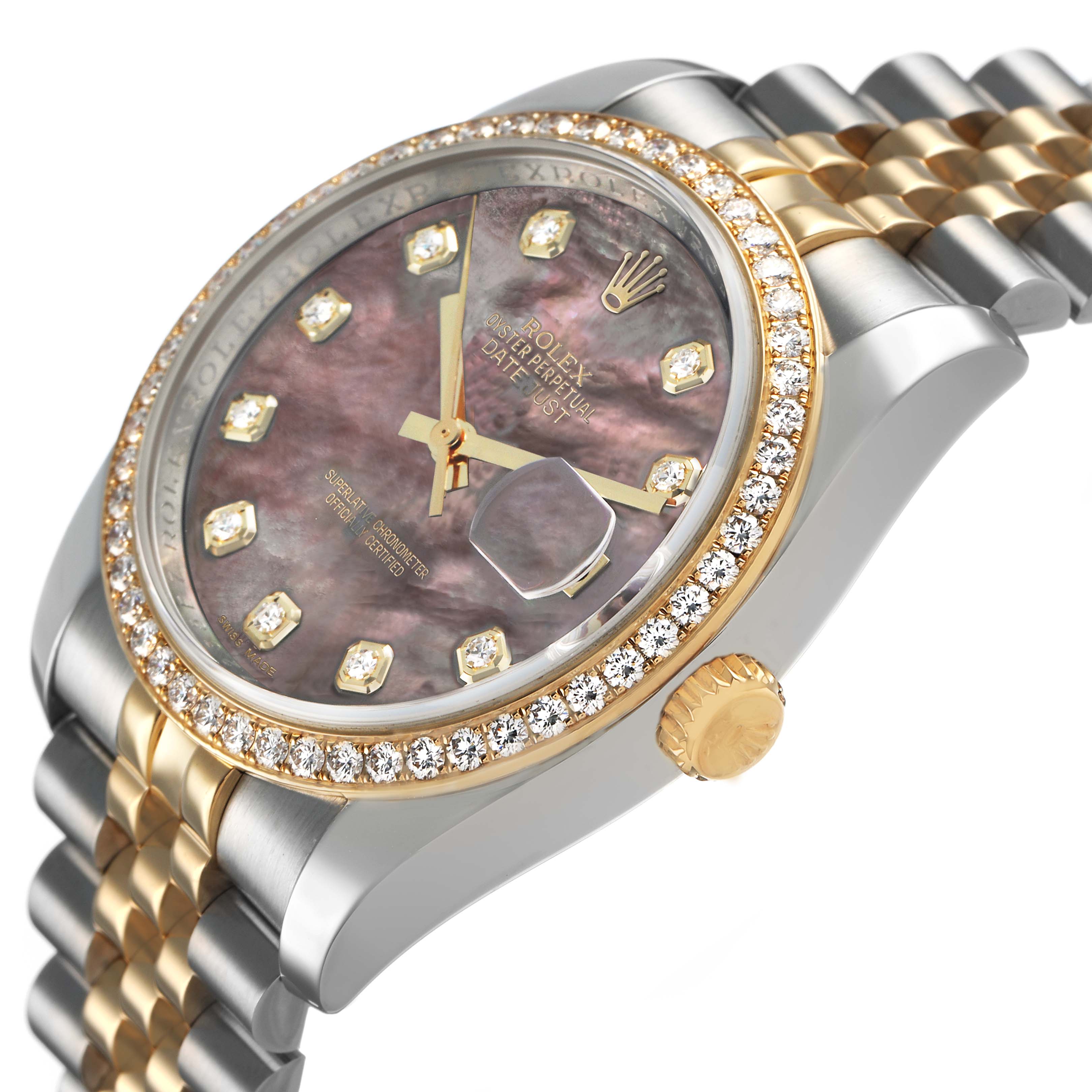 The Rolex Datejust 116243 Men's Steel and Gold (two tone) Mother of Pearl Dial watch is shown from an angled side view, highlighting the dial, bezel, crown, and part of the bracelet.