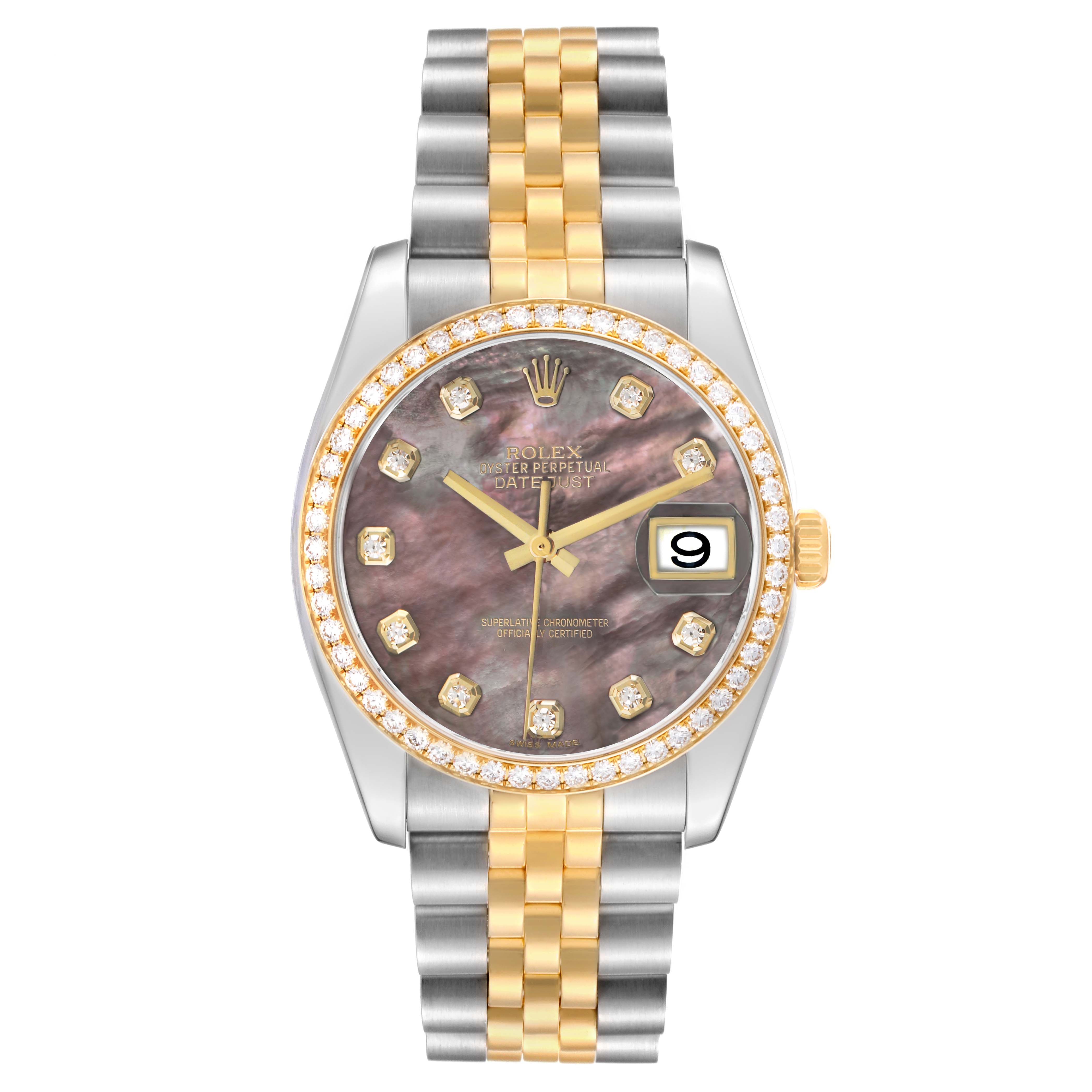 The Rolex Datejust 116243 Men's Steel and Gold (two tone) Mother of Pearl Dial watch is shown from a front angle, displaying its face, bezel, and two-tone bracelet.