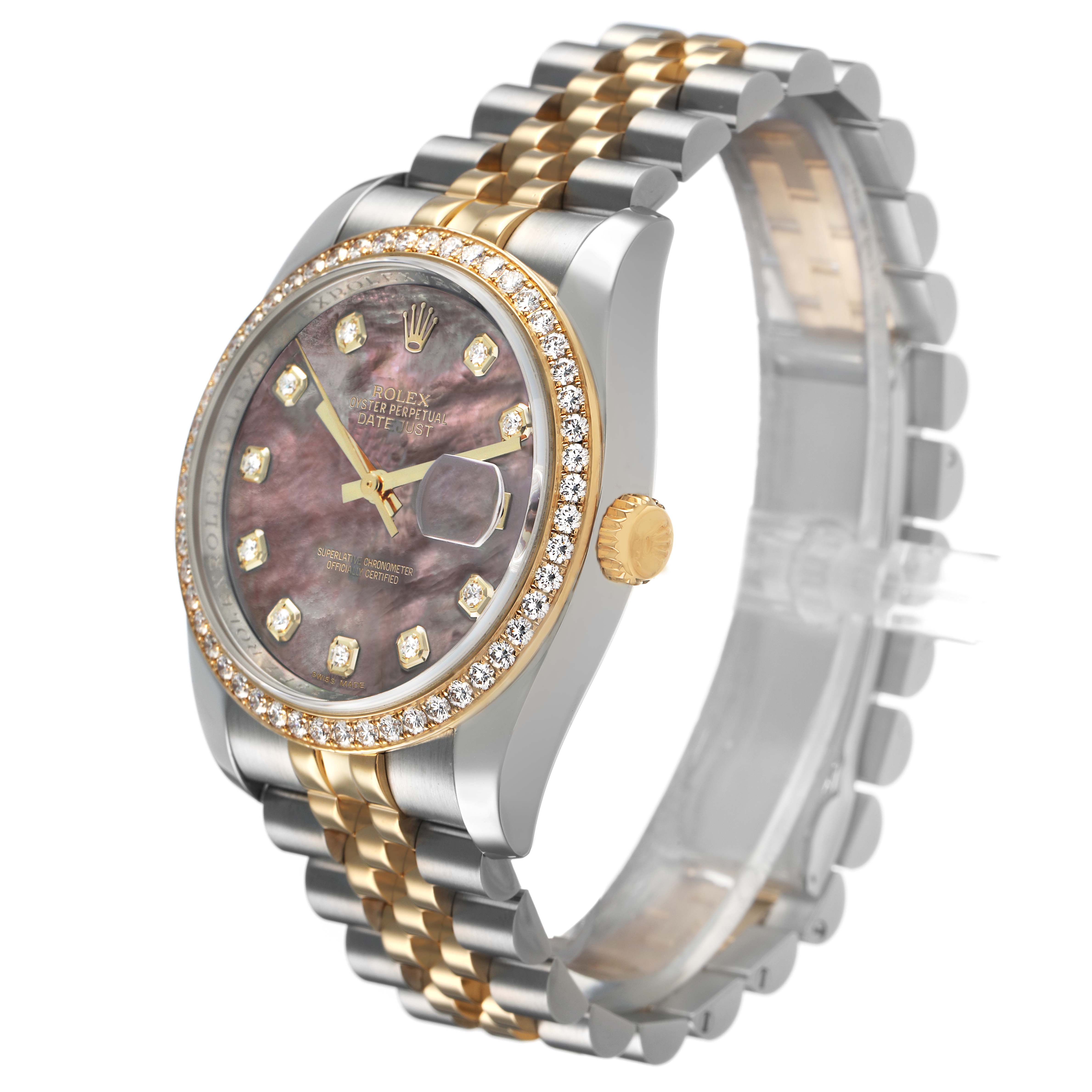 The Rolex Datejust 116243 Men's Steel and Gold (two tone) Mother of Pearl Dial watch is shown from an angled side view, highlighting the dial, bezel, crown, and two-tone bracelet.