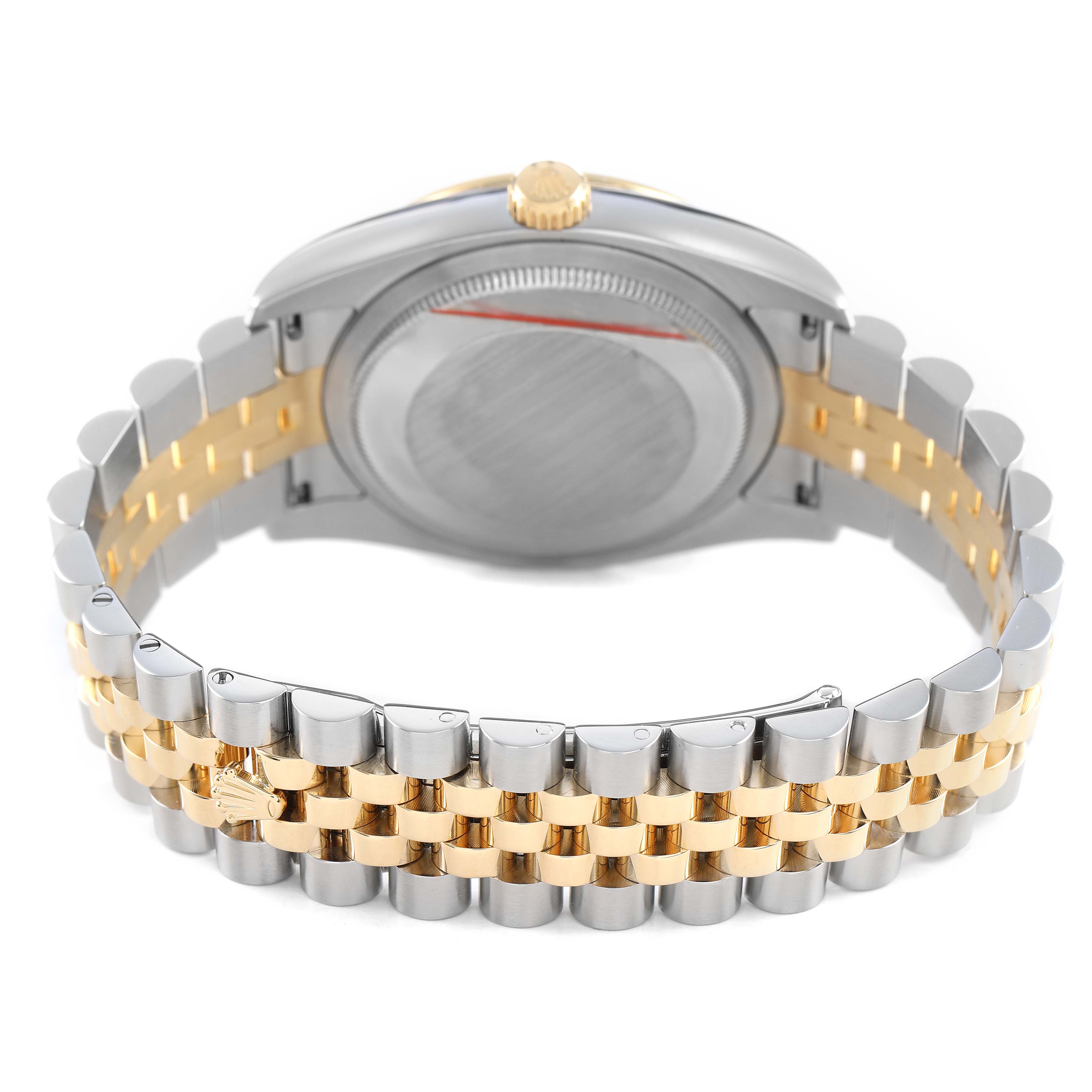 The image shows the back of the Rolex Datejust 116243 Men's Steel and Gold (two tone) Mother of Pearl Dial, highlighting its bracelet and the underside of the watch case.
