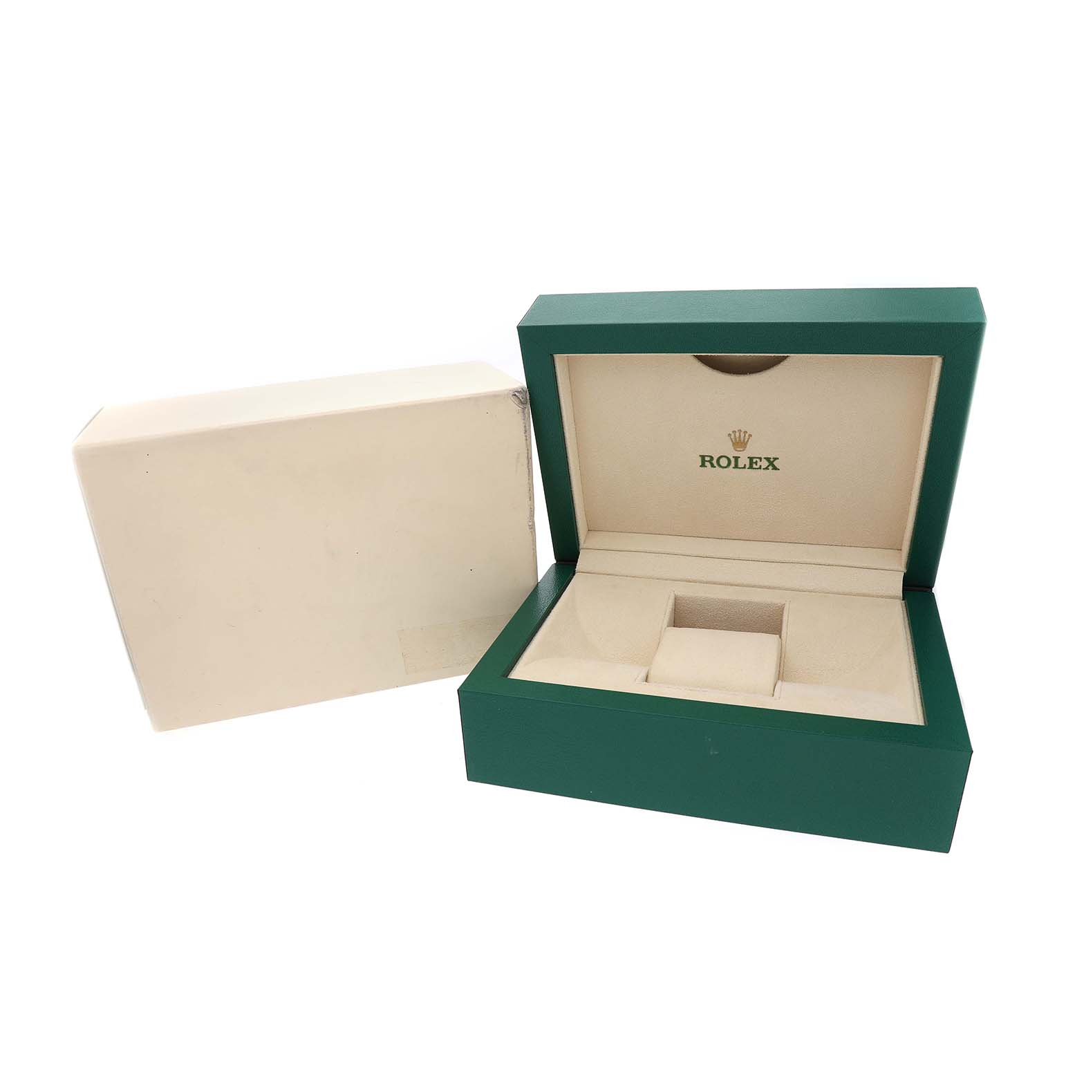 The image shows an open Rolex Datejust 116243 Men's Steel and Gold (two tone) Mother of Pearl Dial watch box with its outer protective box beside it.