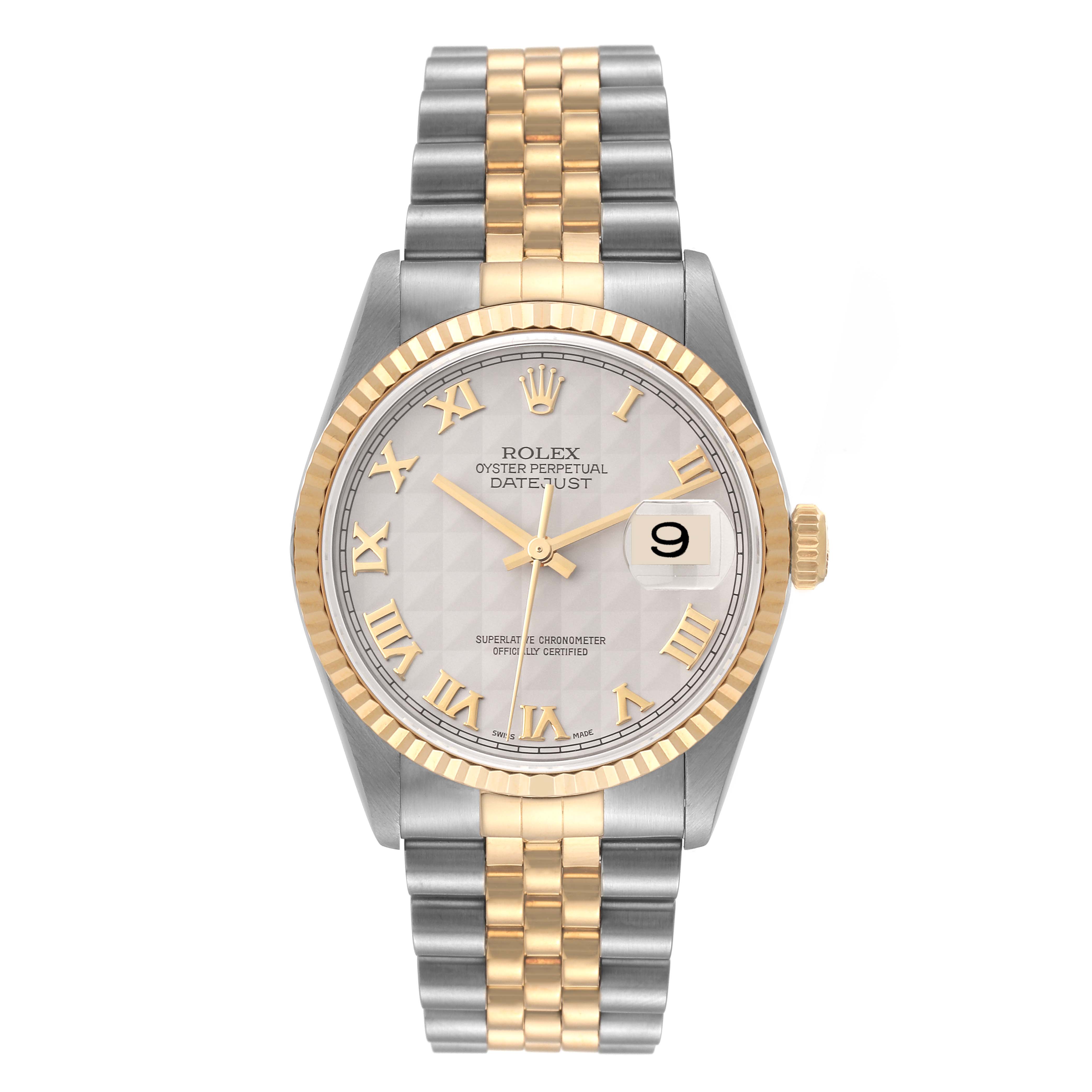 This is a frontal view of a Rolex Datejust 16233 Men's Steel and Gold (two tone) Silver Dial 16233 Men's Steel and Gold (two tone) Silver Dial watch, showing its face, bezel, crown, and bracelet.
