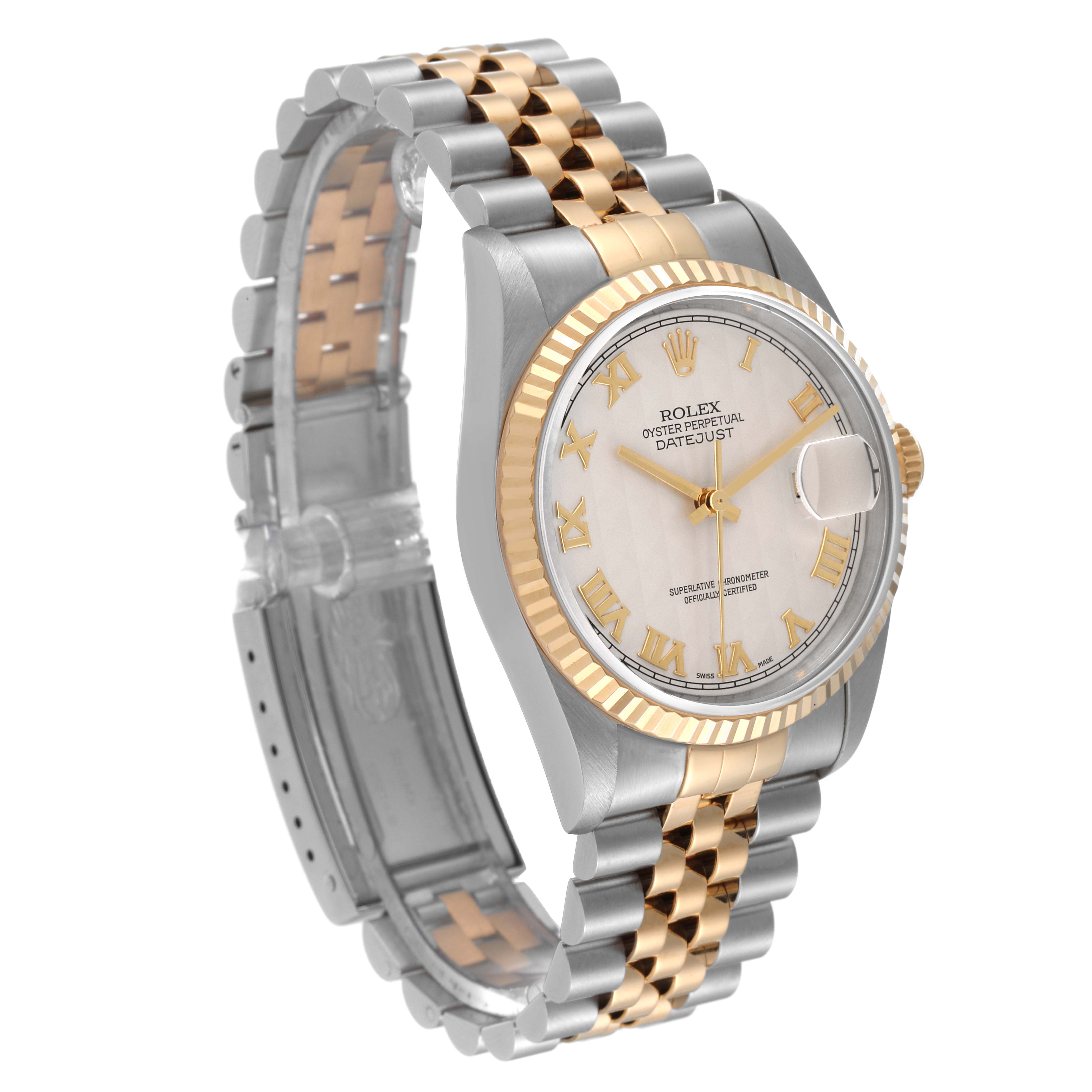 This Rolex Datejust 16233 Men's Steel and Gold (two tone) Silver Dial 16233 Men's Steel and Gold (two tone) Silver Dial watch is displayed at an angle showing the face, bezel, and two-tone bracelet.