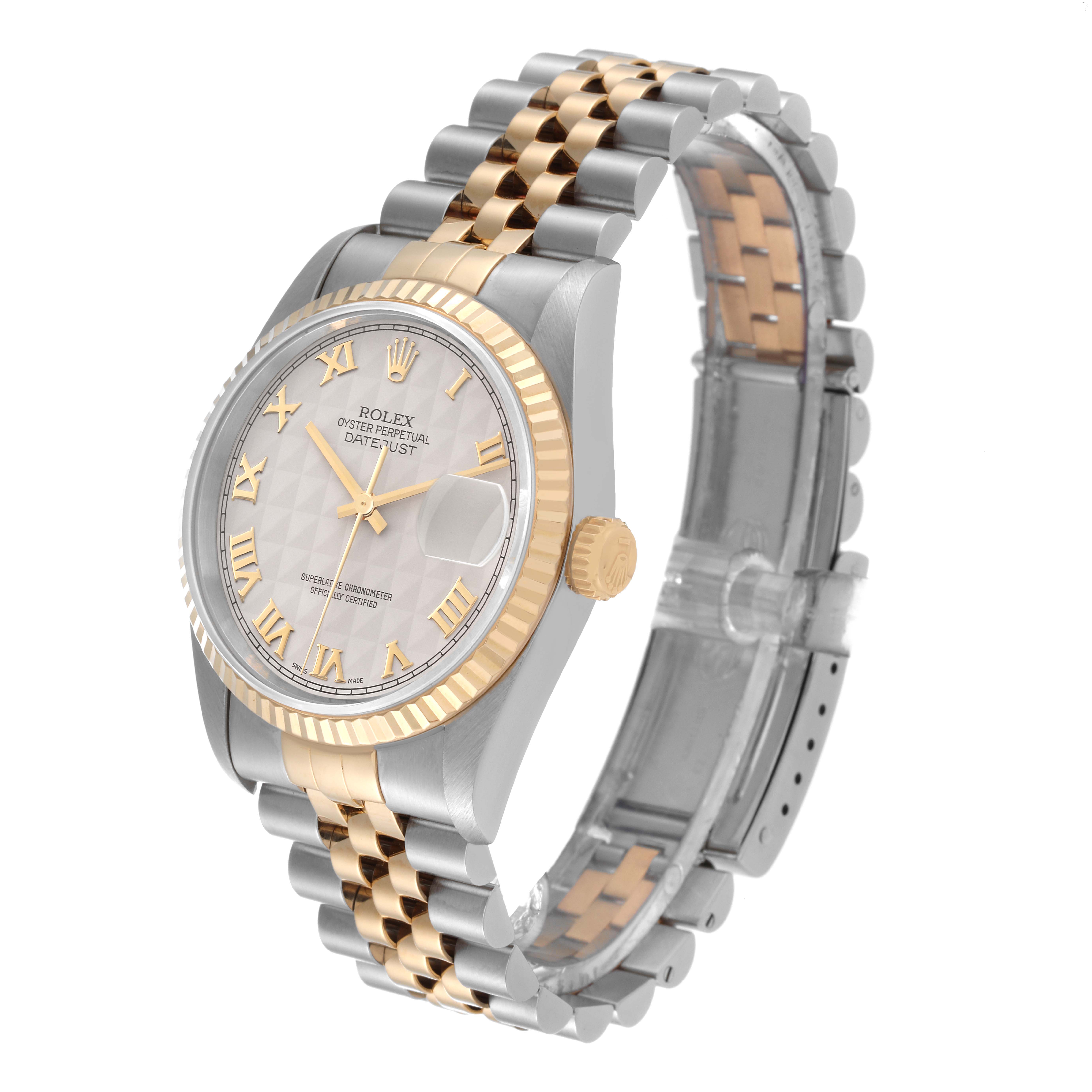 The Rolex Datejust 16233 Men's Steel and Gold (two tone) Silver Dial 16233 Men's Steel and Gold (two tone) Silver Dial watch is shown at an angle displaying the face, bezel, crown, and two-tone Jubilee bracelet.