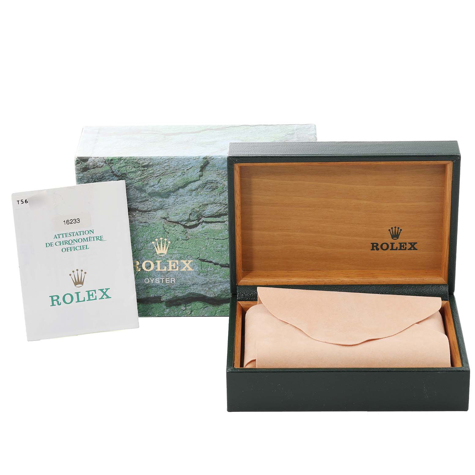 This image shows the packaging and box for a Rolex Datejust 16233 Men's Steel and Gold (two tone) Silver Dial 16233 Men's Steel and Gold (two tone) Silver Dial watch, alongside its certificate.