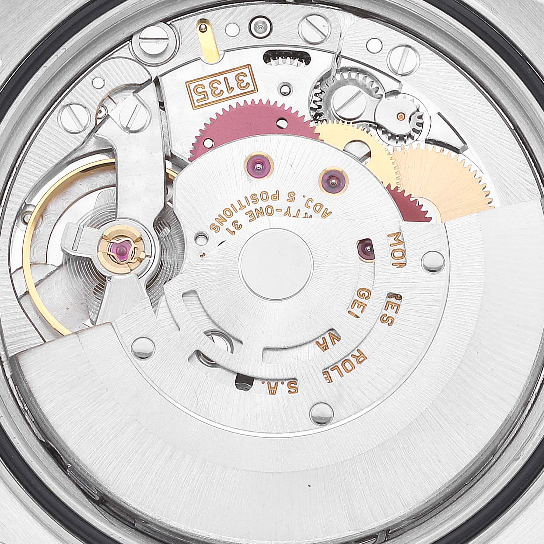 This image shows a close-up of the movement inside the Rolex Datejust 16233 Men's Steel and Gold (two tone) Silver Dial 16233 Men's Steel and Gold (two tone) Silver Dial watch, highlighting the intricate gears and mechanisms.