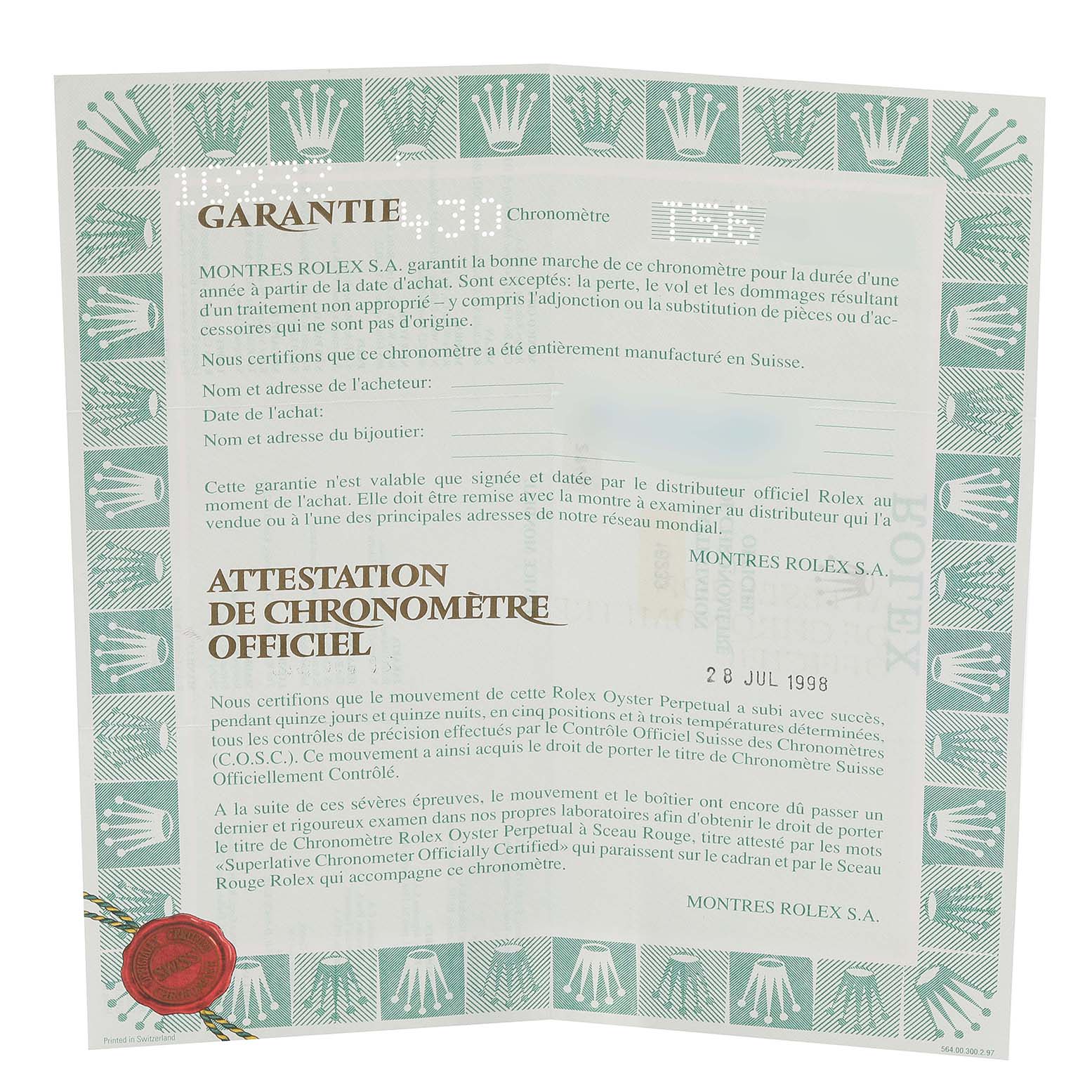 The image shows an official warranty and chronometer certificate for a Rolex Datejust 16233 Men's Steel and Gold (two tone) Silver Dial 16233 Men's Steel and Gold (two tone) Silver Dial watch.