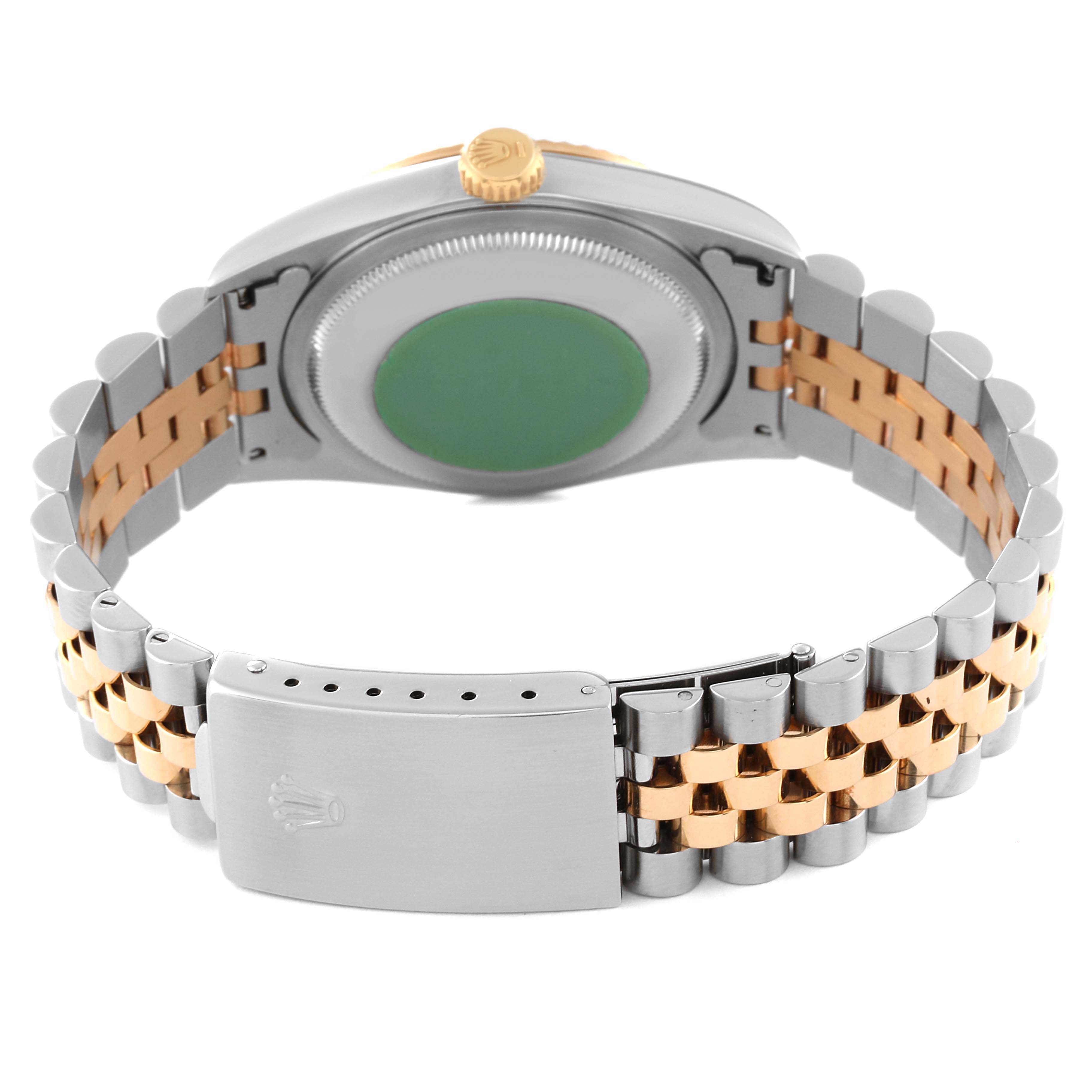 This image shows the back and bracelet of a Rolex Datejust 16233 Men's Steel and Gold (two tone) Silver Dial 16233 Men's Steel and Gold (two tone) Silver Dial watch, highlighting the case back, crown, and two-tone Jubilee bracelet clasp.