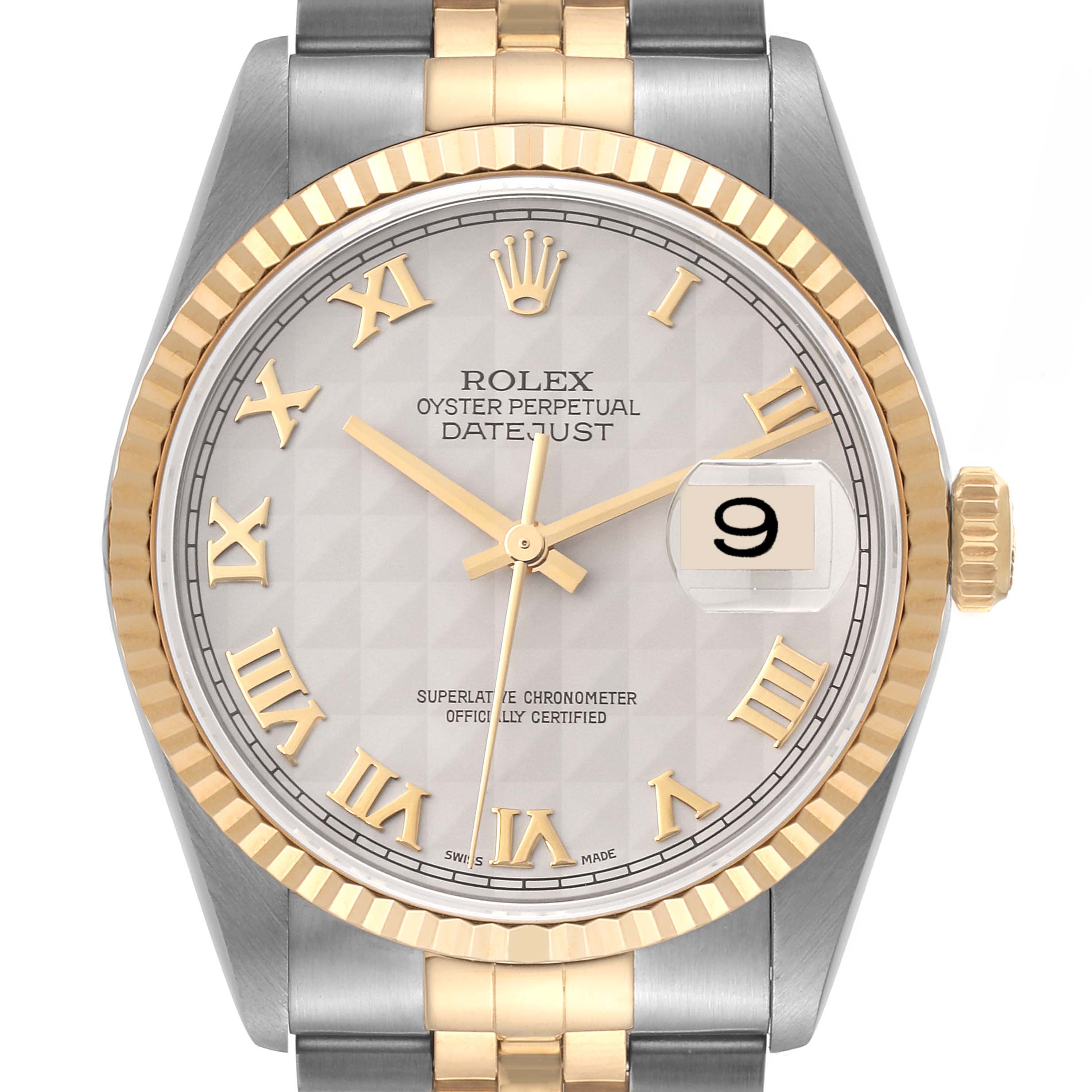 This image shows a front view of the Rolex Datejust 16233 Men's Steel and Gold (two tone) Silver Dial 16233 Men's Steel and Gold (two tone) Silver Dial watch, highlighting its dial, bezel, bracelet, hands, and date display.