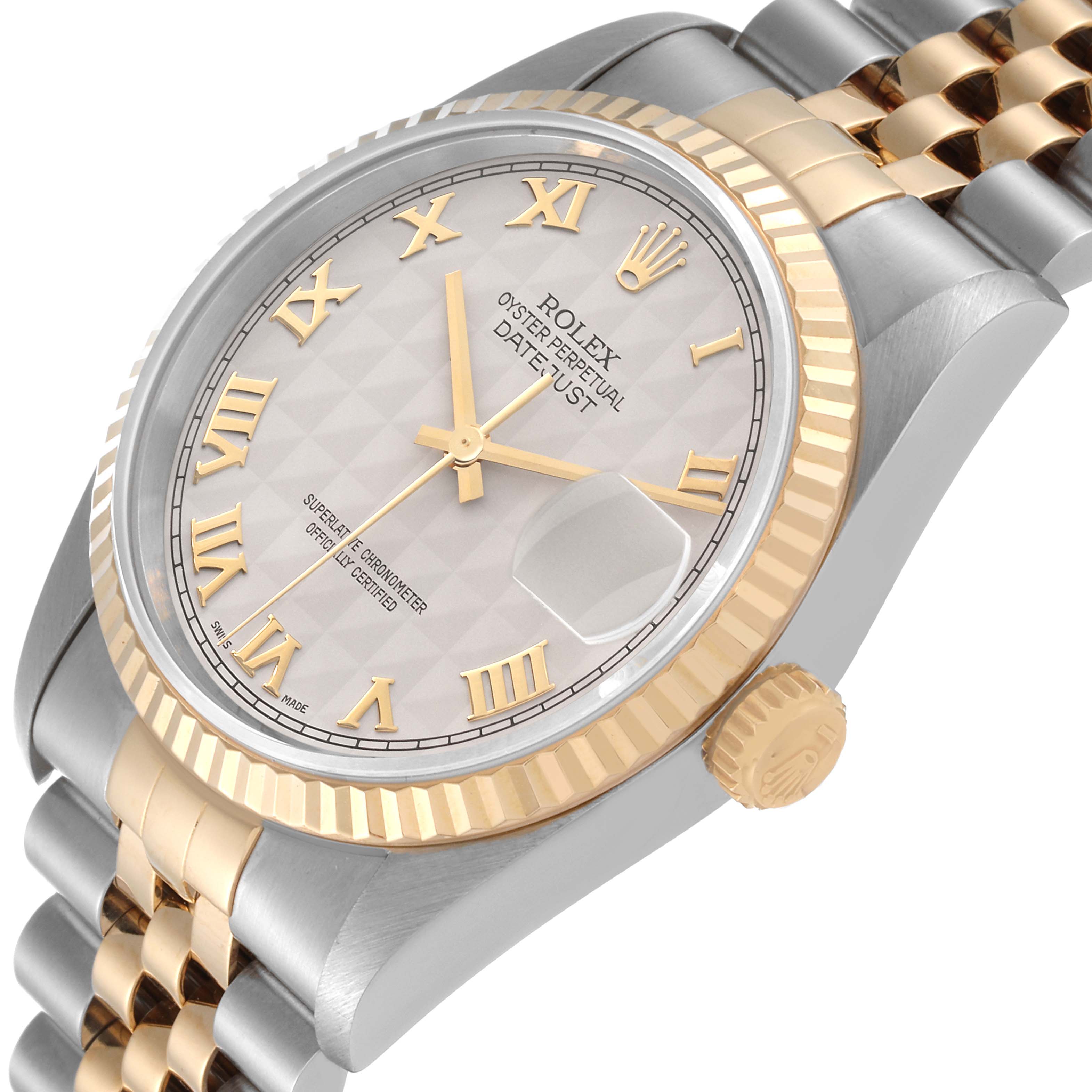 The image shows a Rolex Datejust 16233 Men's Steel and Gold (two tone) Silver Dial 16233 Men's Steel and Gold (two tone) Silver Dial watch at a slight angle, highlighting the dial, Roman numerals, fluted bezel, and Jubilee bracelet.