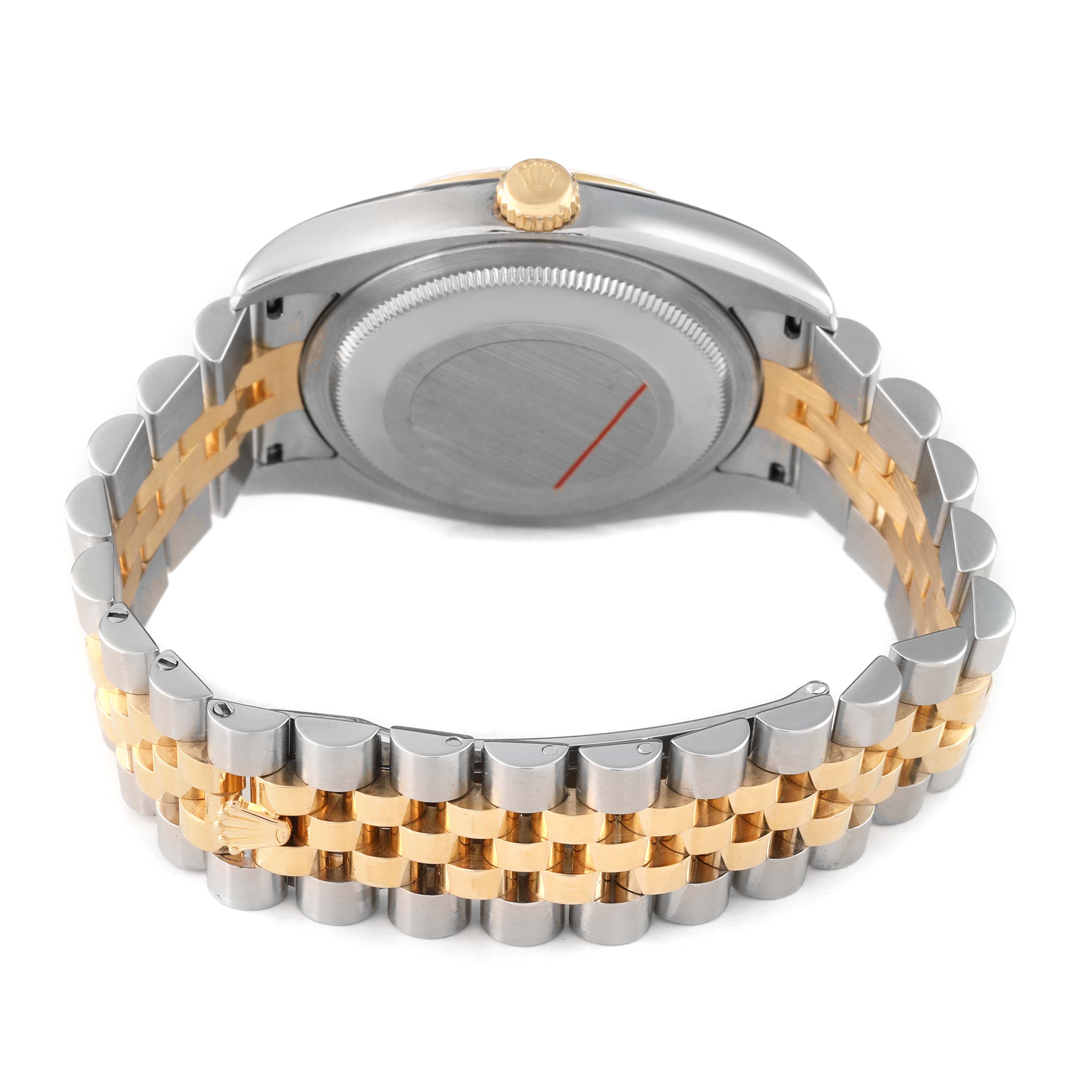 The image shows the back case, crown, and bracelet of a Rolex Datejust 116233 Men's Stainless Steel Silver Dial watch at a side angle.