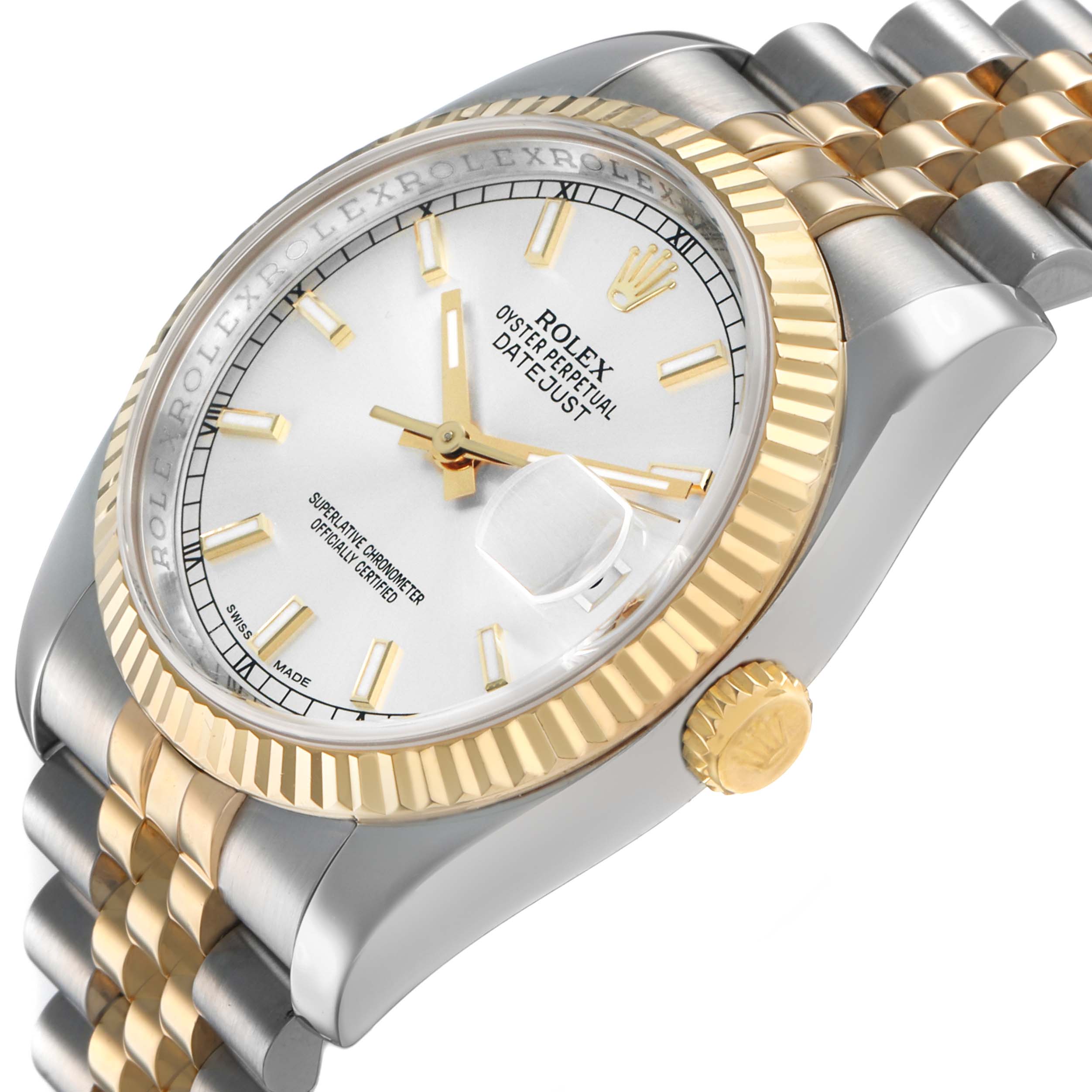 The Rolex Datejust 116233 Men's Stainless Steel Silver Dial watch is shown at an angled view highlighting the face, bezel, and part of the bracelet.