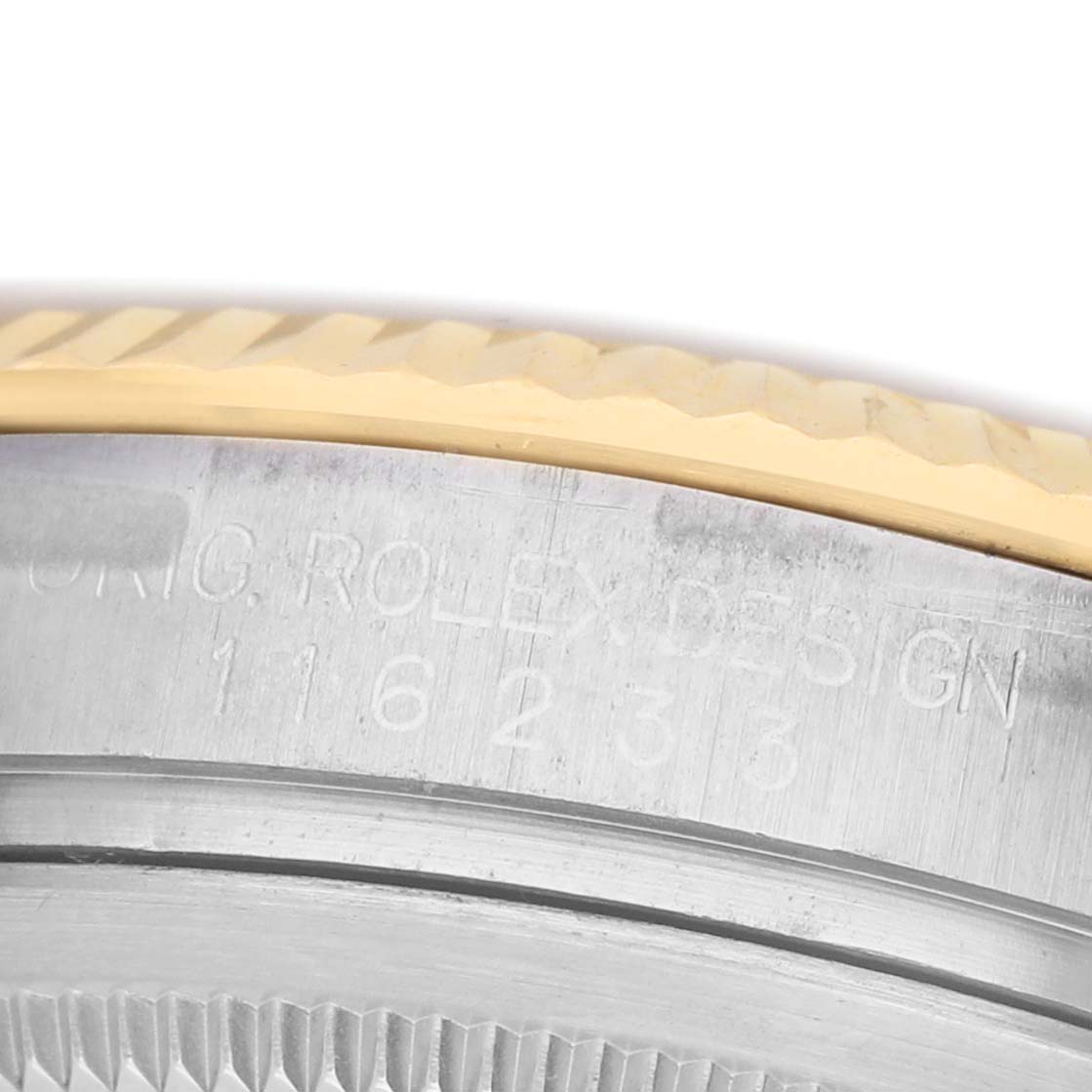 The image shows a close-up of the case side and fluted bezel of a Rolex Datejust 116233 Men's Stainless Steel Silver Dial watch.