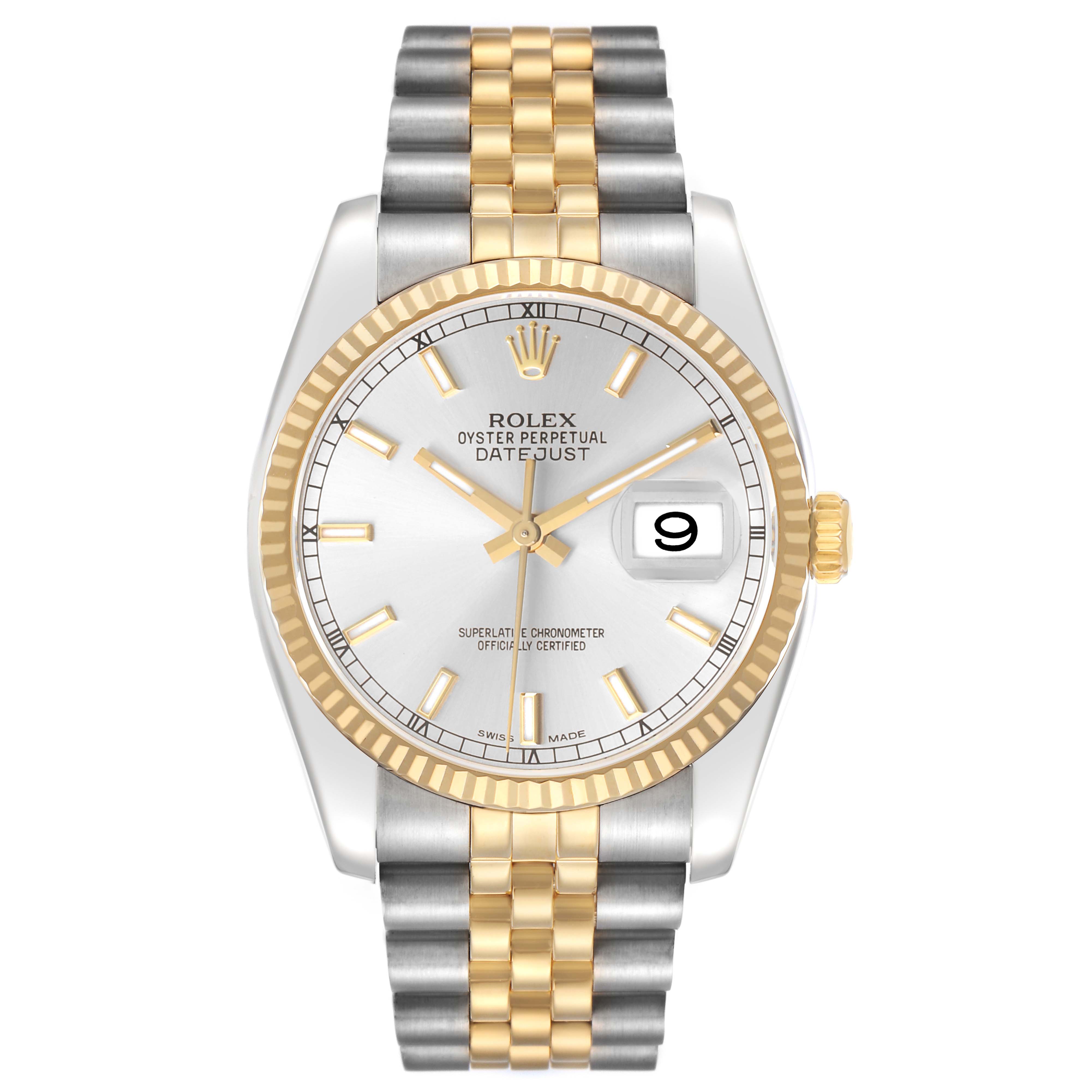 The Rolex Datejust 116233 Men's Stainless Steel Silver Dial watch is shown from a frontal angle, displaying the dial, bezel, bracelet, and crown.